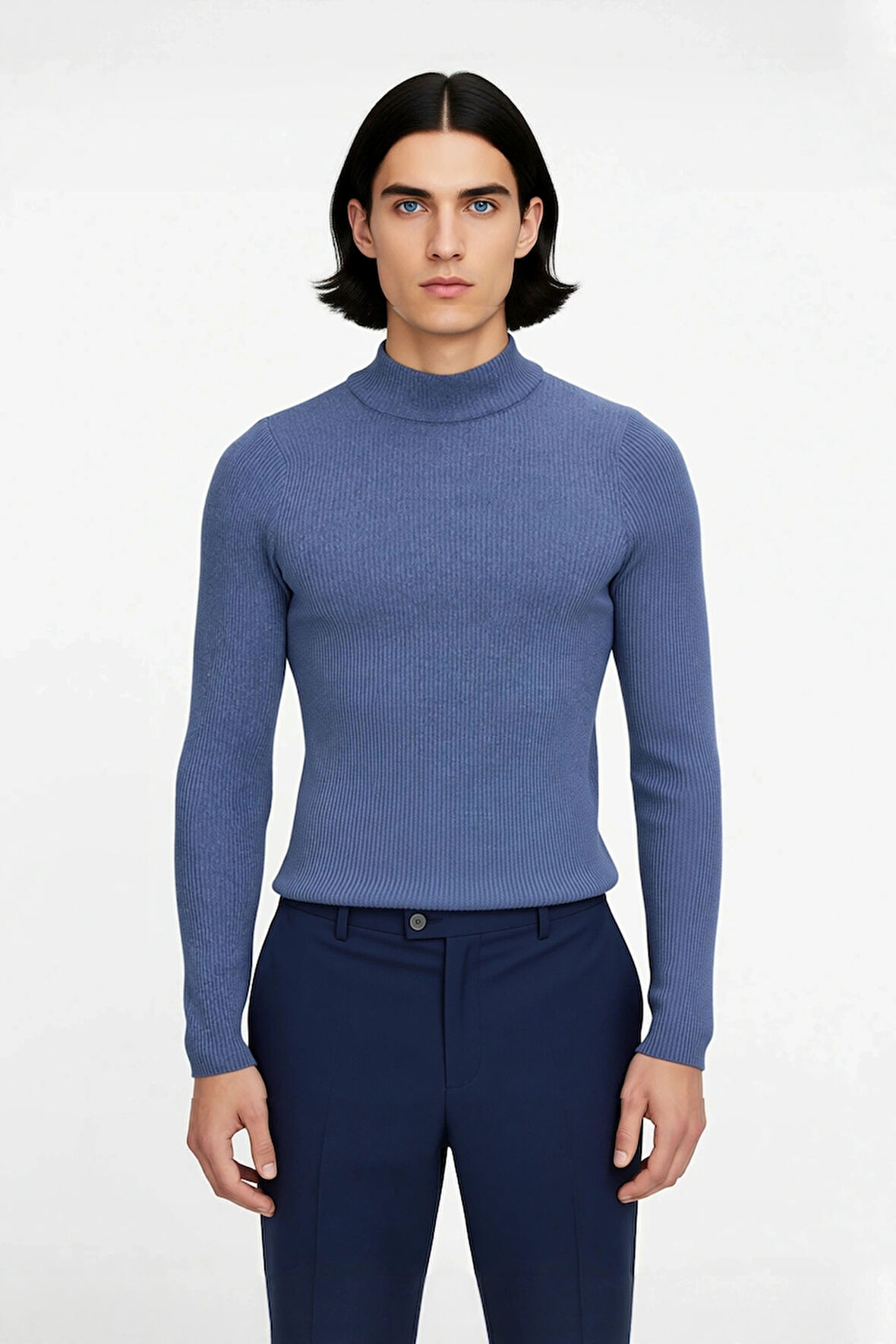 Erkek Dik Yaka Uzun Kol Fitilli Dar Kalıp Triko Kazak Kış Sezonu İçin Modern ve Konforlu Stil