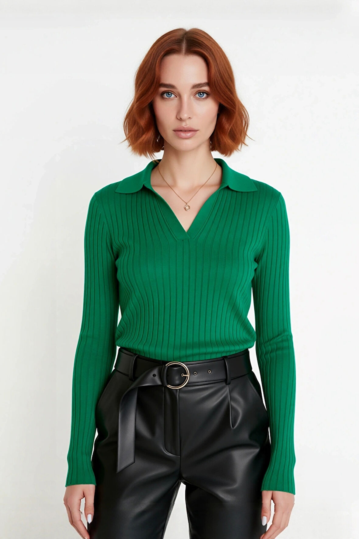 Kadınlara Özel Basic Regular Kesim Polo Yaka Fitilli Triko Kazak Modern ve Konforlu Stil Kaliteli