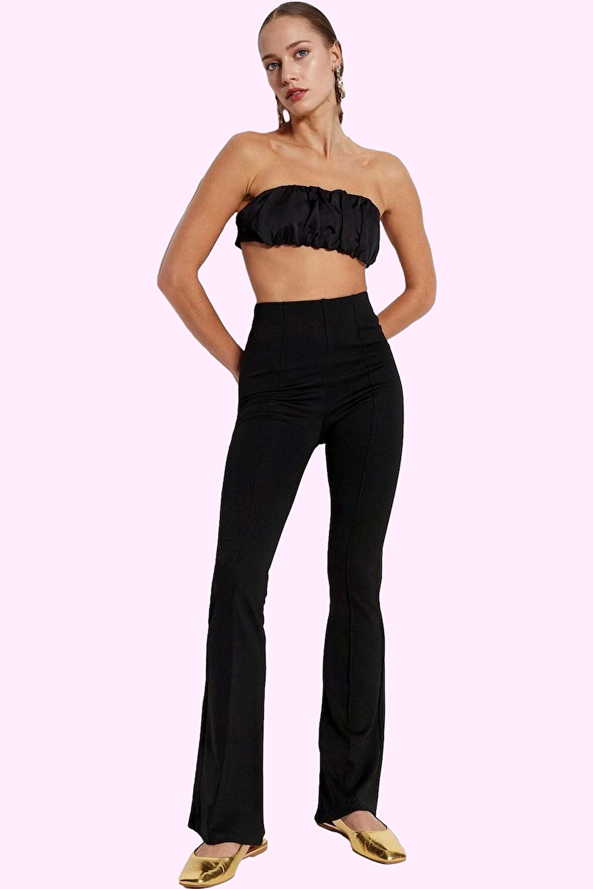 Kadın Nervürlü Düz Desen Flare Pantolon Yüksek Bel Günlük Kullanım İçin Yaz Aylarının Vazgeçilmezi