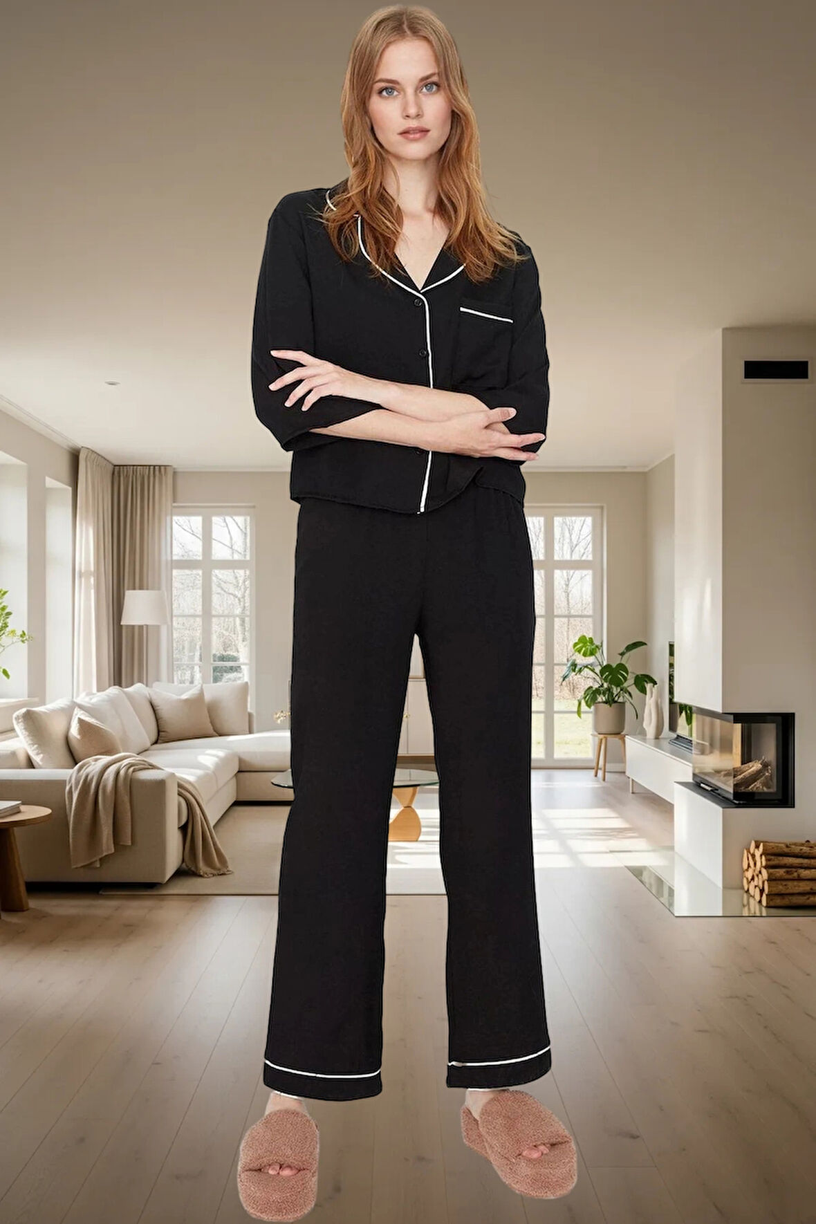 Shally Dokuma Viskon Pijama Takımı Kışlık Rahat Kalıp Dayanıklı Malzeme Profesyonel Görünüm