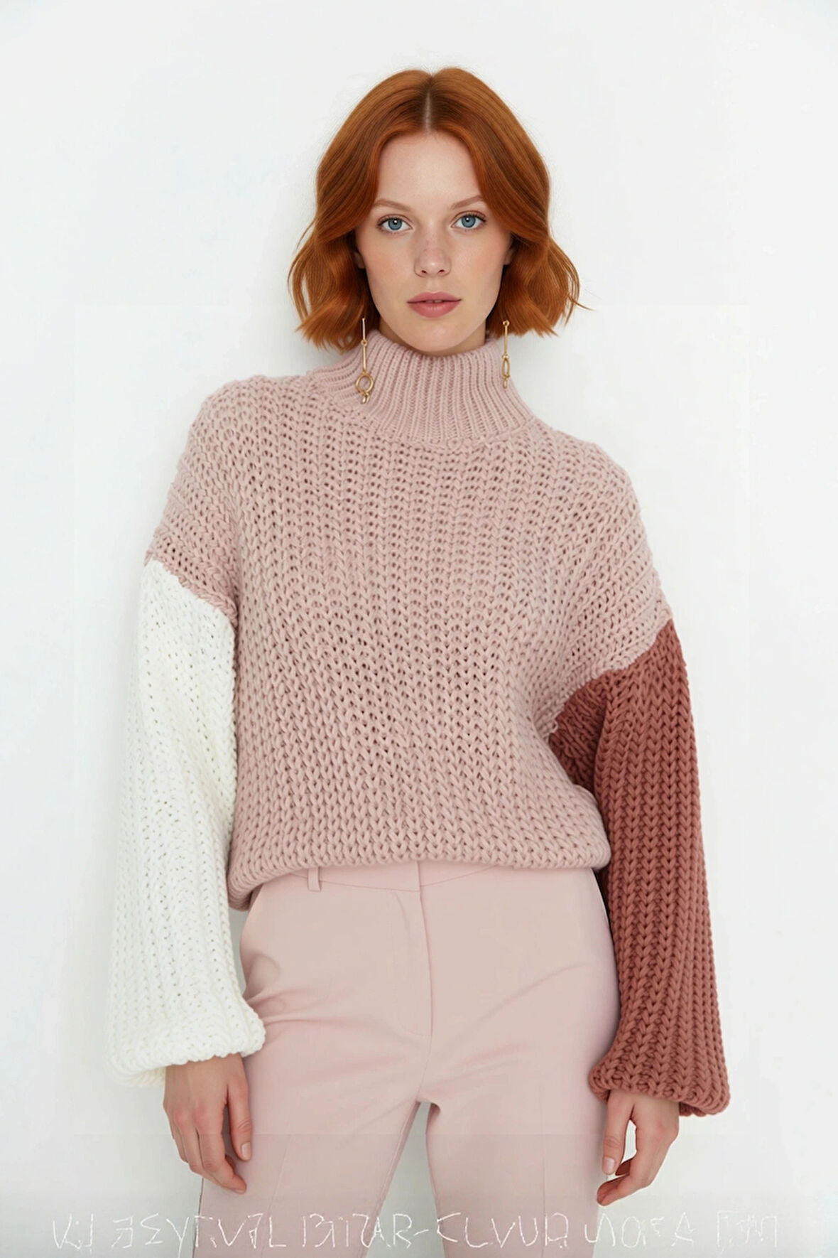 Kadınlar İçin Dik Yaka Oversize Kalıp Renk Bloklu Balon Kol Uzun Triko Kazak Kışlık Konfor