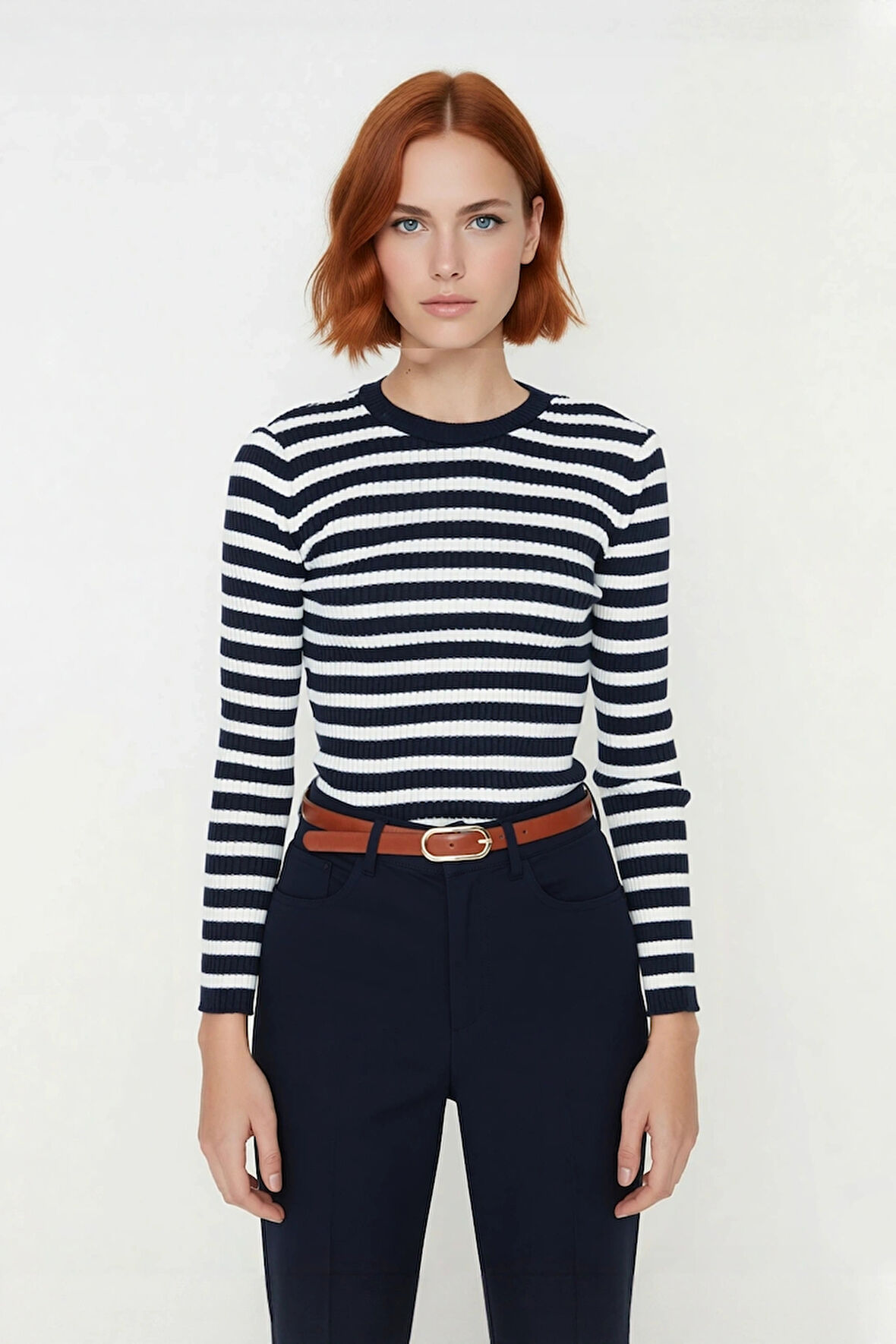 Kadın Çizgili Triko Fitted Uzun Kol Bisiklet Yaka Akrilik Basic Casual Günlük Kazak Kaliteli