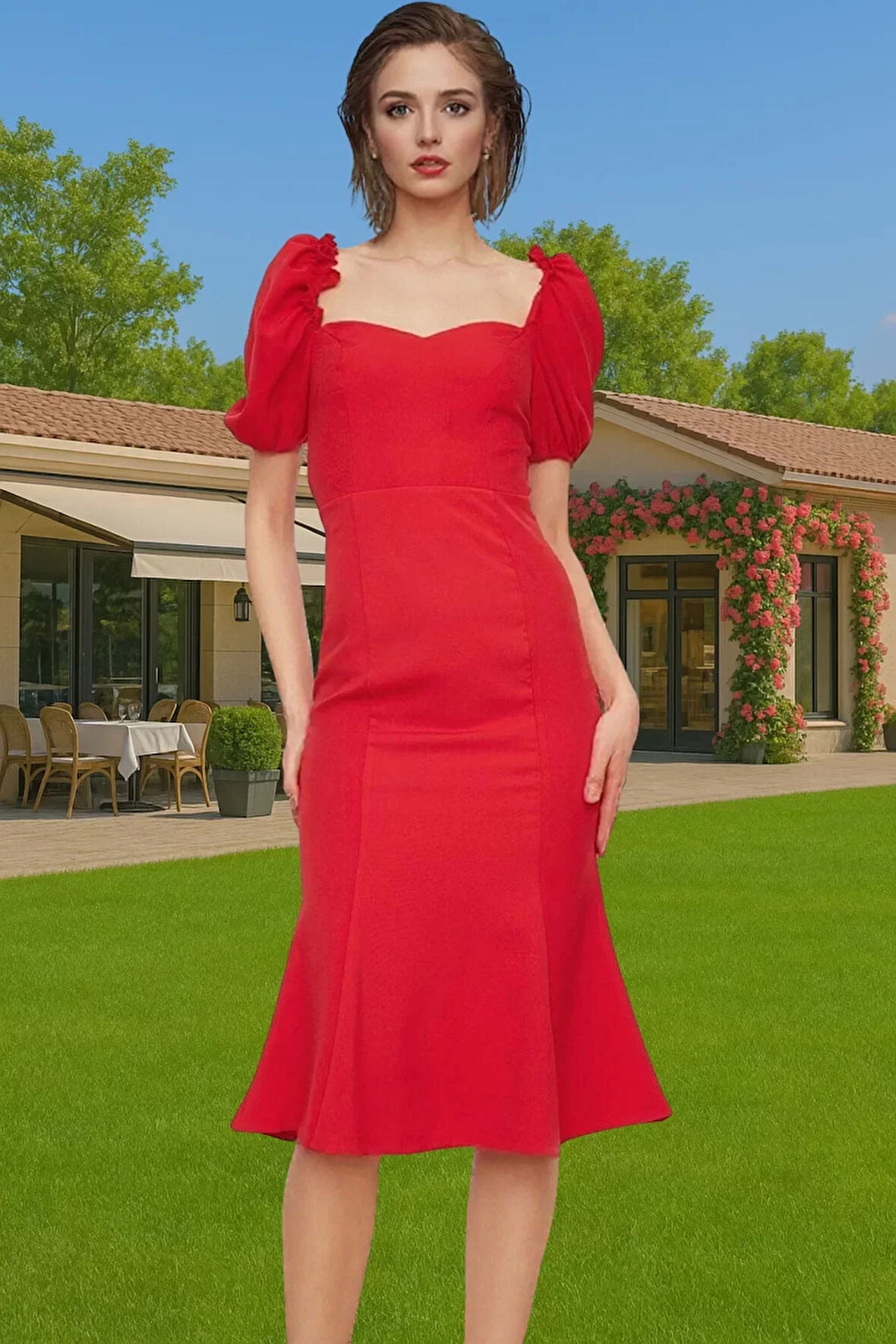 Şık Kalp Yaka Kısa Kollu Polyester Abiye Elbise Premium Kalite Dayanıklı Malzeme Kaliteli İşçilik