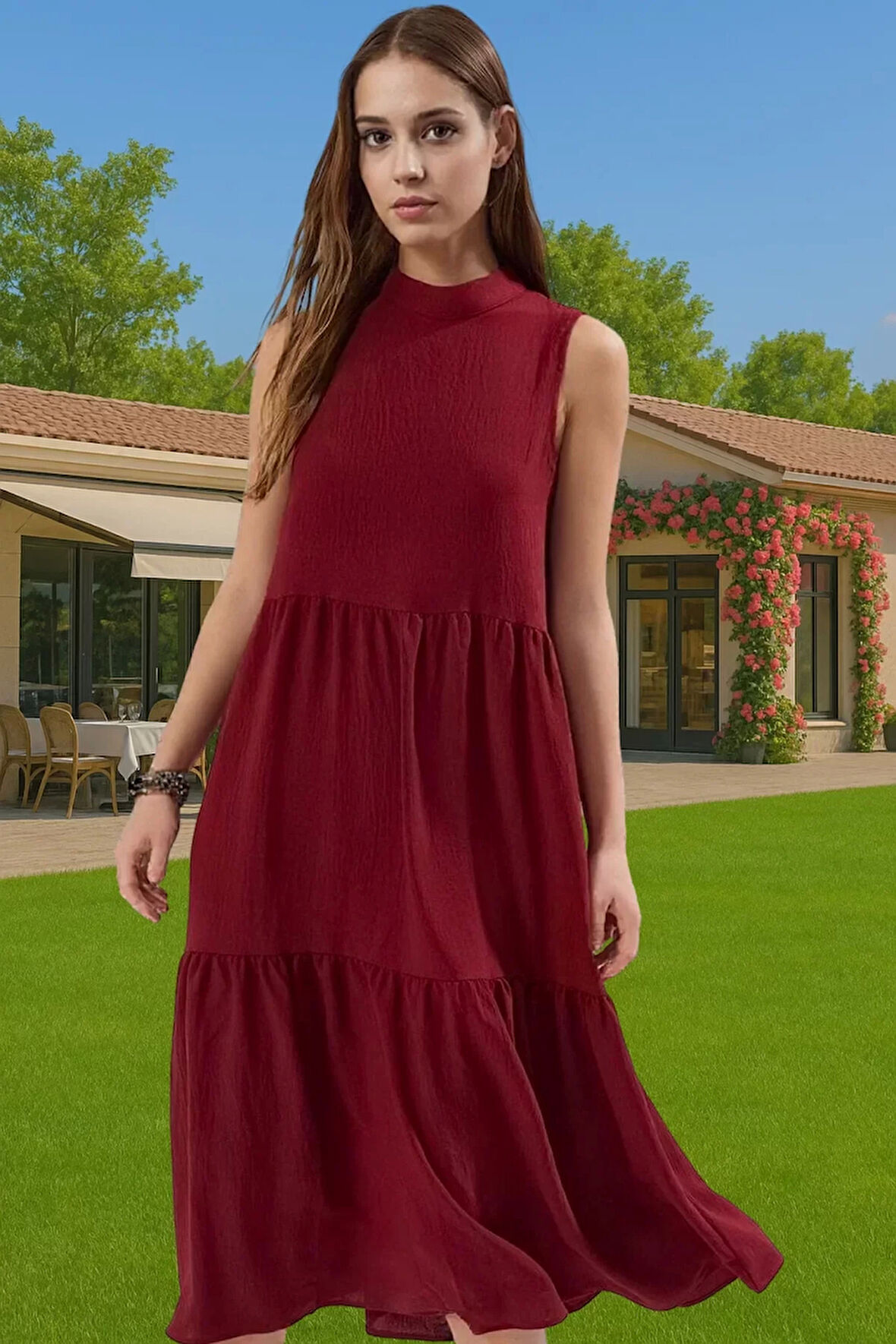 Kadın Şık Düz Kesim Kolsuz Midi Elbise Polyester Kumaş Nefes Alabilir Şık Görünüm Kaliteli İşçilik