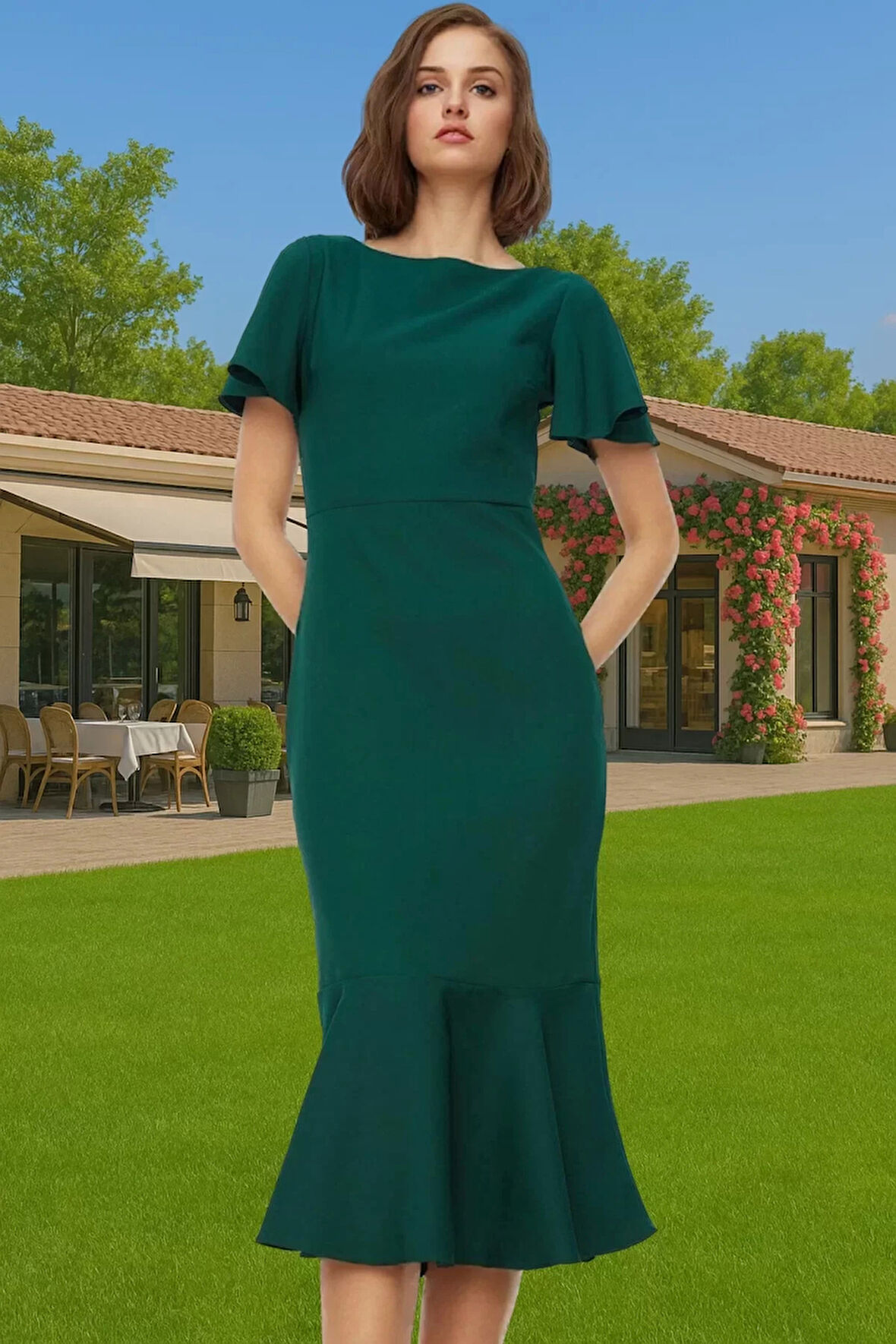 Şık Kadın Kısa Kollu Midi Elbise Polyester Elastan Kumaş Premium Kalite Trend Tasarım Seçkin Malzeme