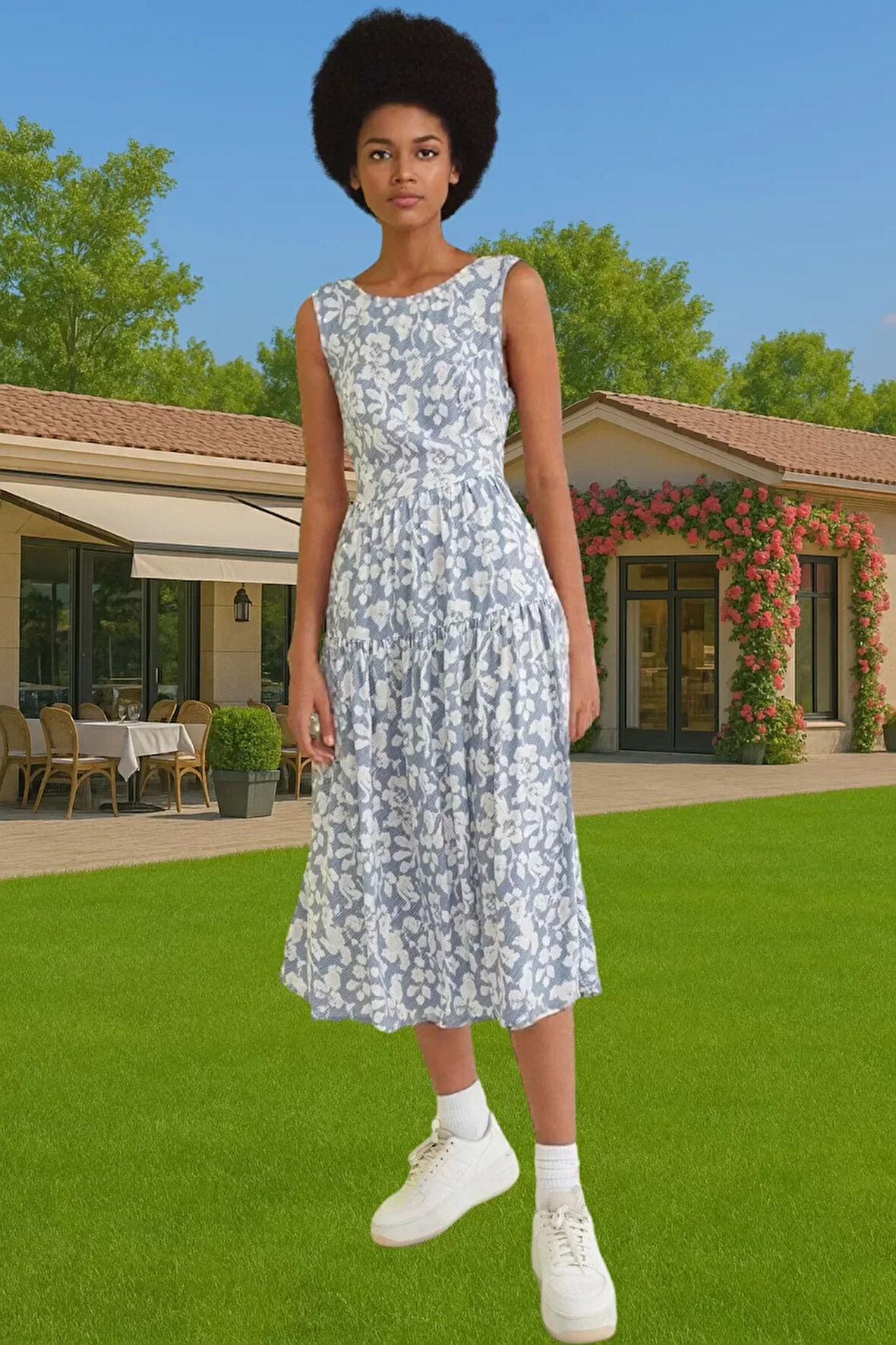 Şık Çiçekli Desenli Midi Boy Skater Elbise Viskoz Kumaş Rahat Kaliteli İşçilik Trend Tasarım