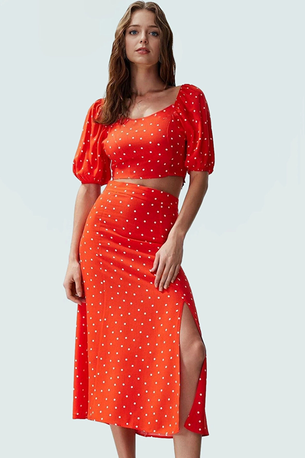 Rahat Yazlık Puantiyeli Viskoz Bluz Etek Takımı Kısa Kollu A line Profesyonel Görünüm