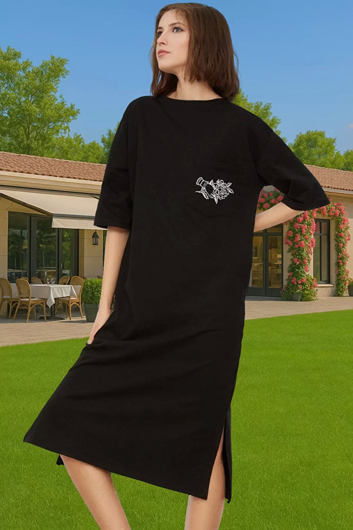 Rahat Kesim Bisiklet Yaka Nakışlı Midi Örme Elbise Dayanıklı Malzeme Trend Tasarım Rahat Kullanım