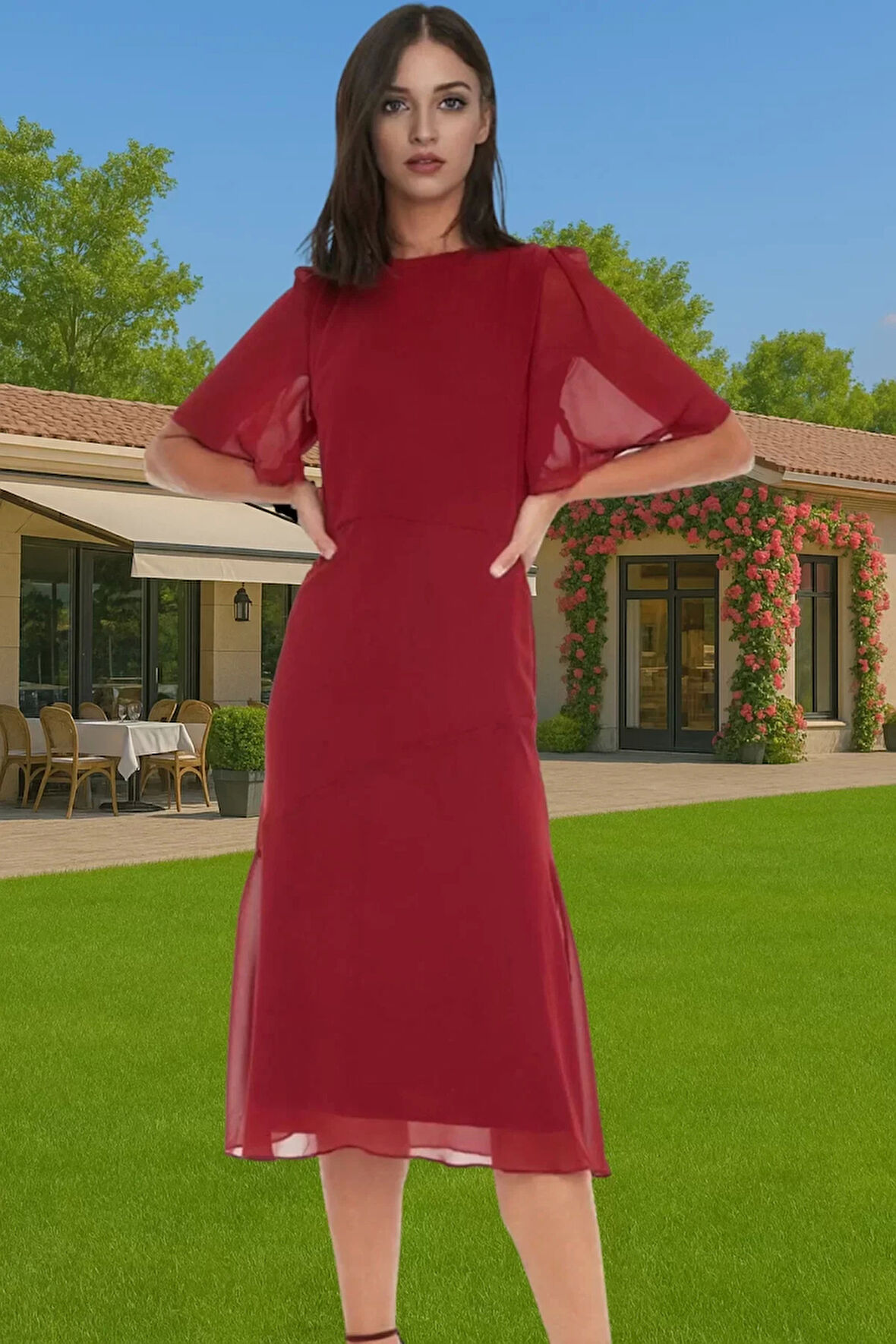 Astarlı Şifon Elbise A Kesim Midi Boy Polyester Yazlık Premium Kalite Özenle Seçilmiş Premium Kalite