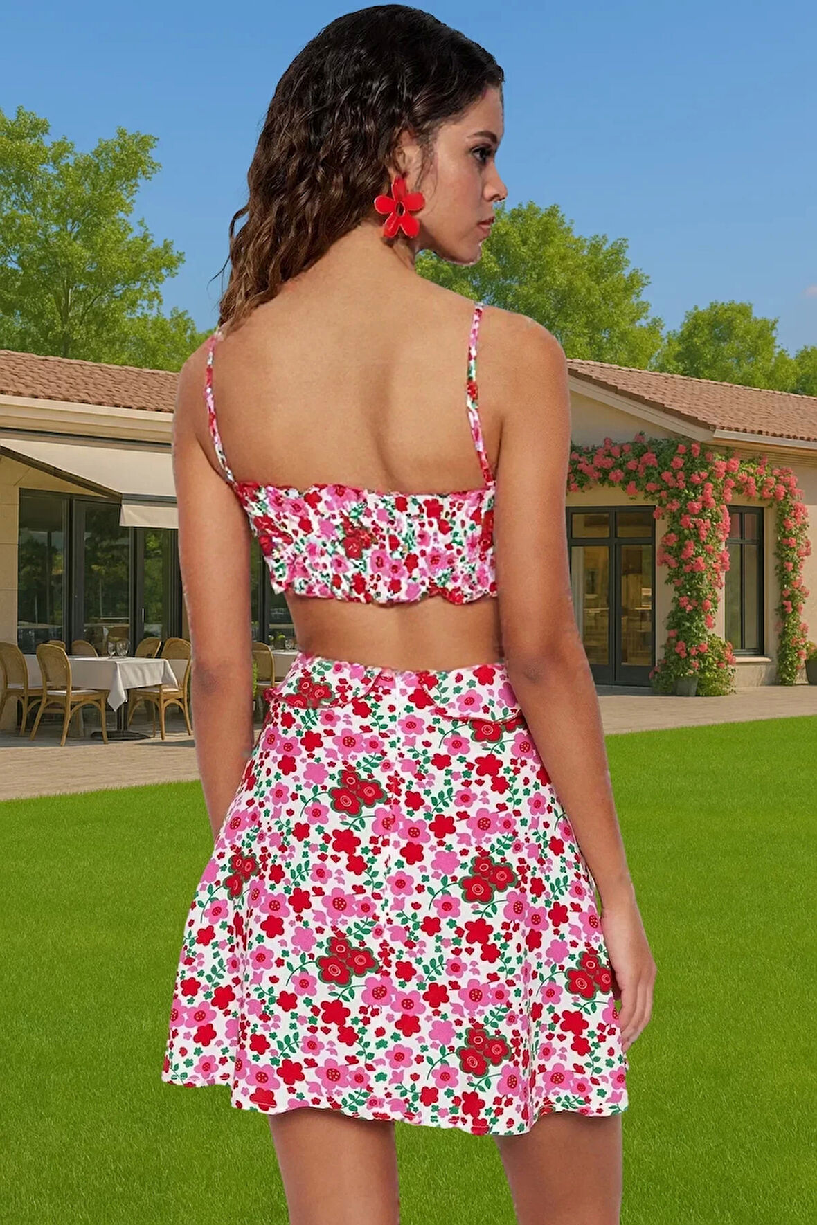 Çiçekli Desenli Mini Viskoz Elbise Cut Out Detaylı Skater Plaj Mükemmel Uyum Özenle Seçilmiş