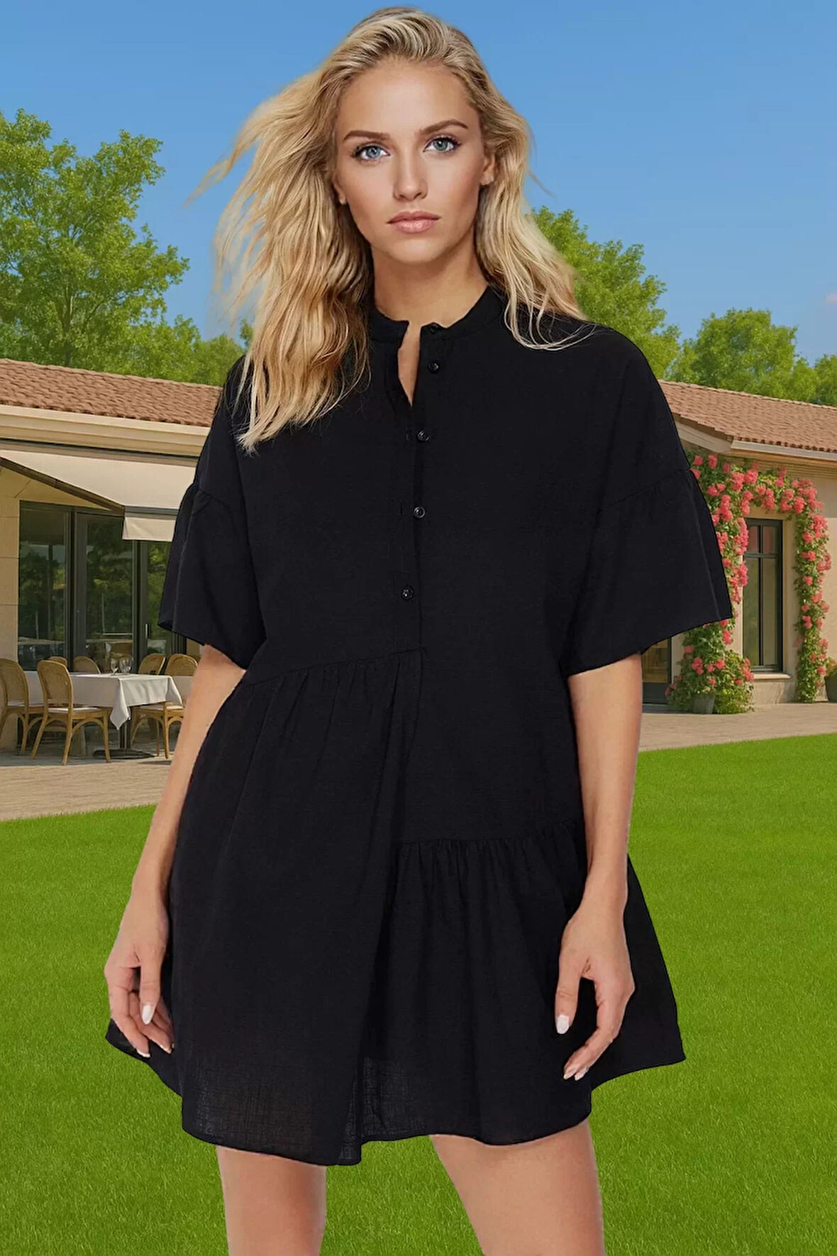 Kadın A line Flamlı Pamuk Mini Elbise Yazlık Plaj Stili Modern Stil Dayanıklı Malzeme Seçkin Malzeme