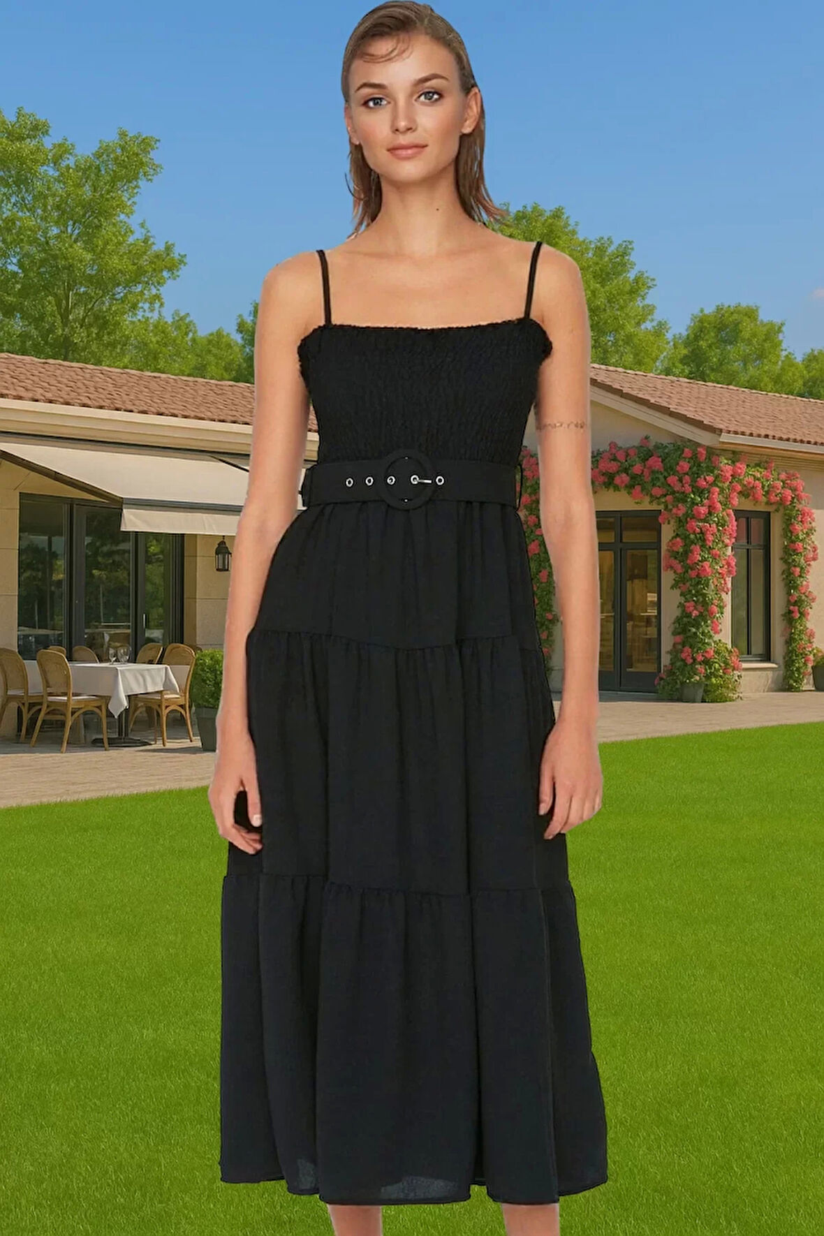 Kadın Yazlık Askılı Midi Boy Pileli Dokuma Elbise Günlük Kombinler İçin Uzun Ömürlü Trend Tasarım