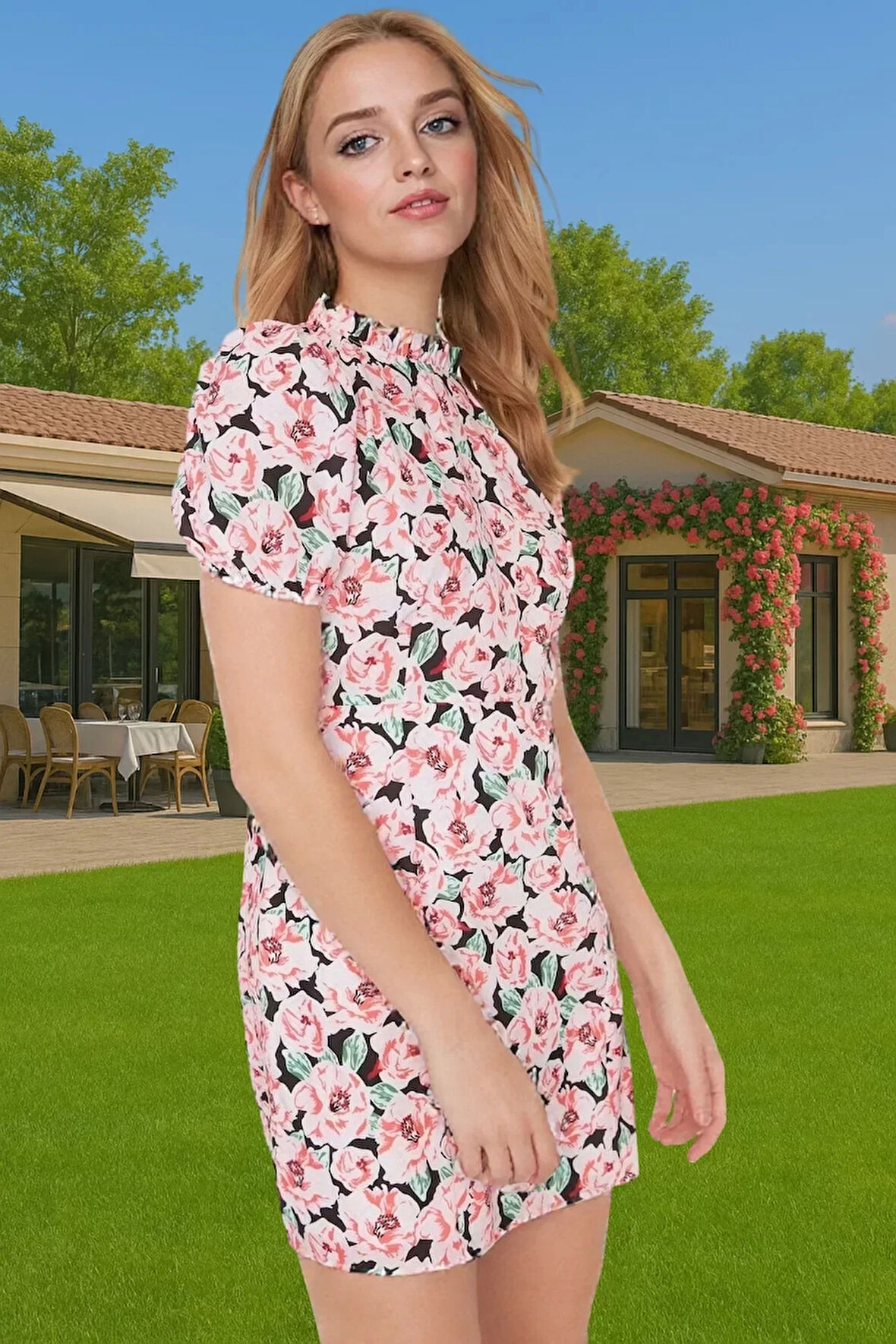 A Kesim Kısa Kollu Çiçekli Mini Elbise Polyester Dokuma Yazlık Zarifane Tasarım Zarifane Tasarım