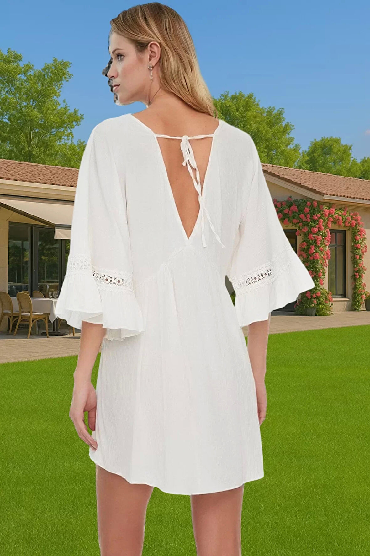 Yazlık Kadın A line Mini Elbise V Yaka Dantel Detaylı Plaj Elbisesi Uzun Ömürlü Yüksek Kalite