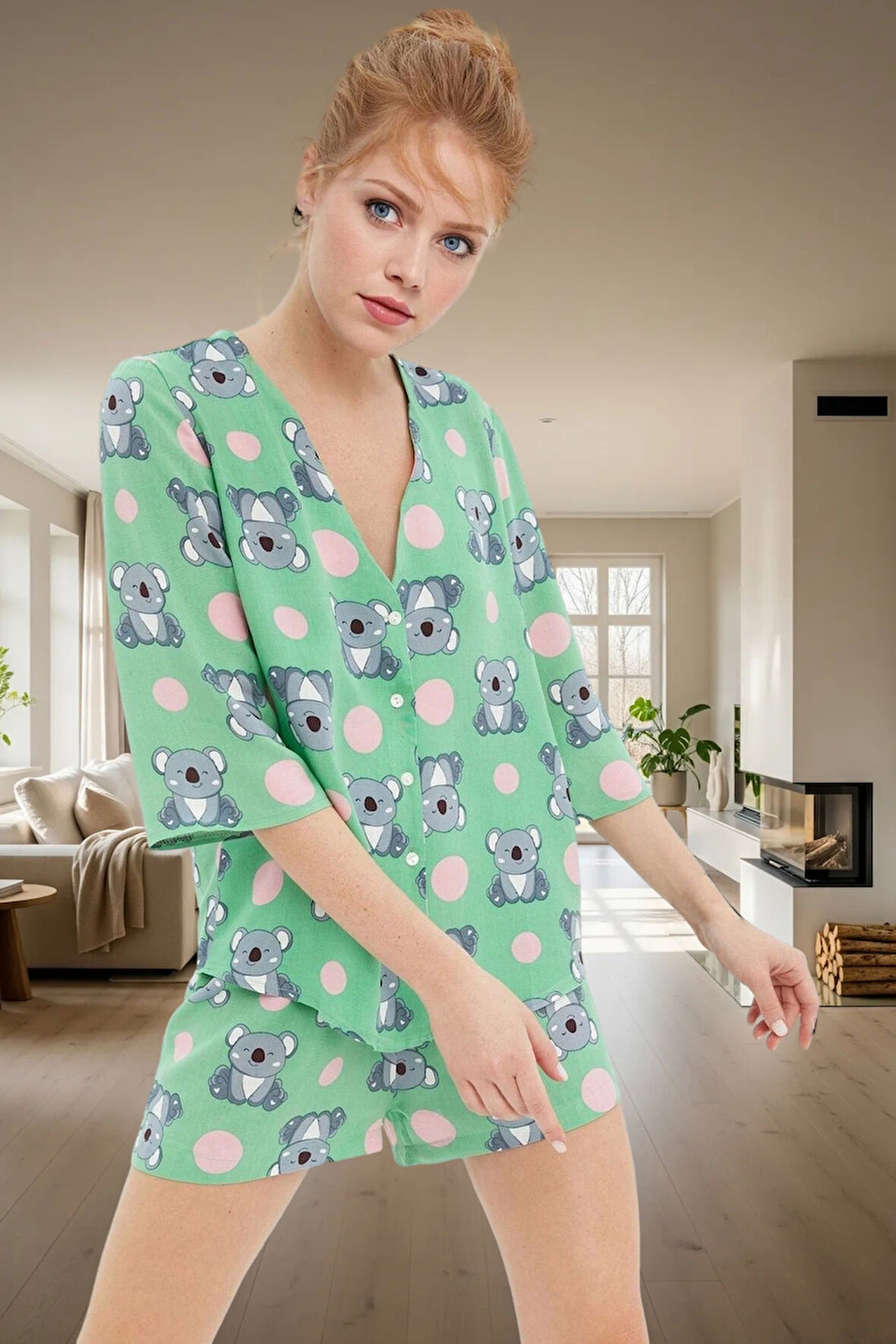 Yazlık Viskoz Pijama Takımı Koala Desenli Shally Dokuma Rahat Kalıp Premium Kalite Uzun Ömürlü