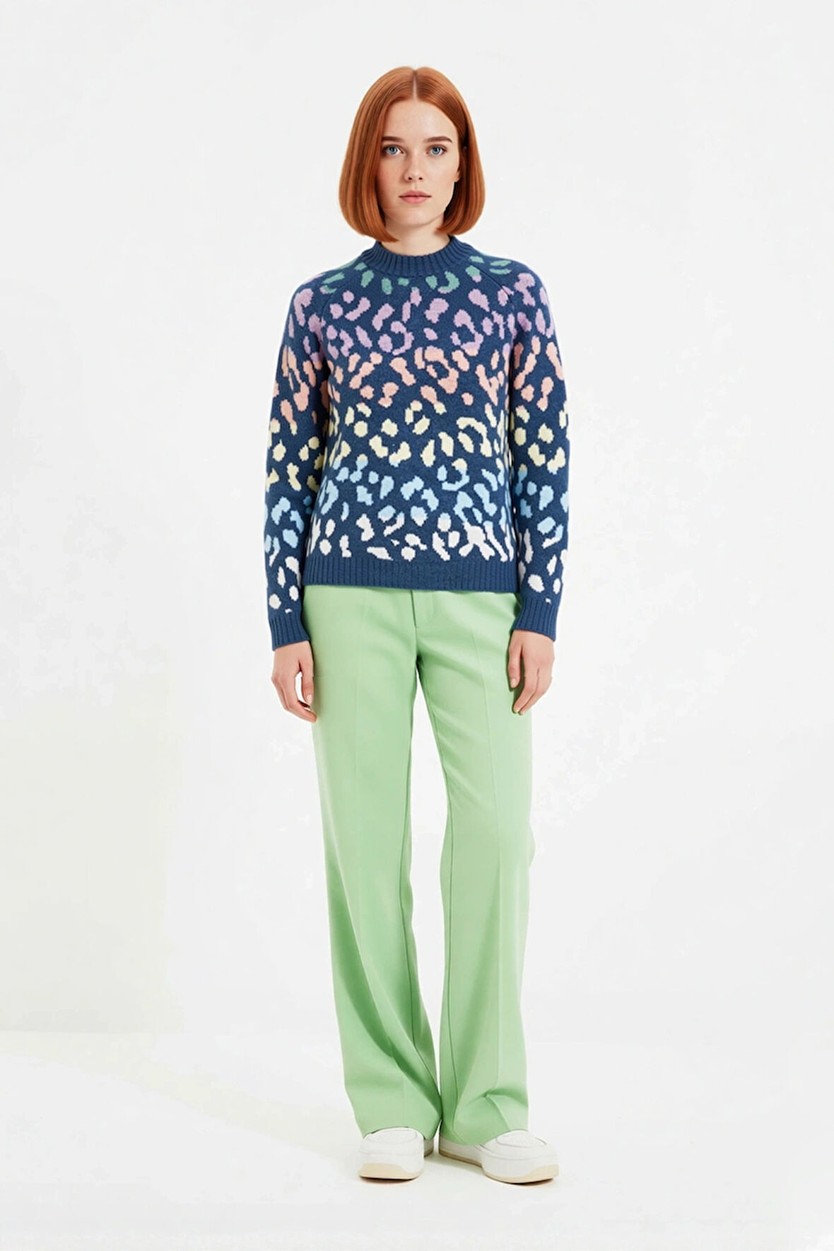 Kadın Oversize Animal Desenli Triko Kazak Konforlu Bisiklet Yaka Uzun Reglan Kol Kış Stiliyle Şıklık