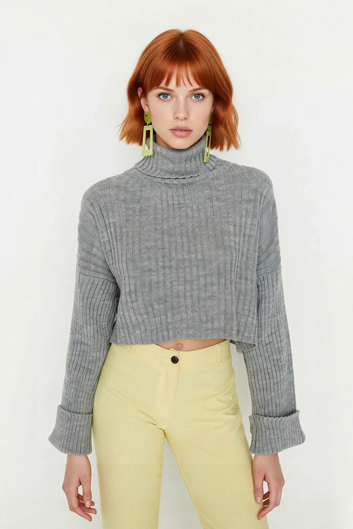 Kadın Oversize Super Crop Balıkçı Yaka Kışlık Triko Kazak Uzun Kollu Rahat Ve Şık Stil Kaliteli