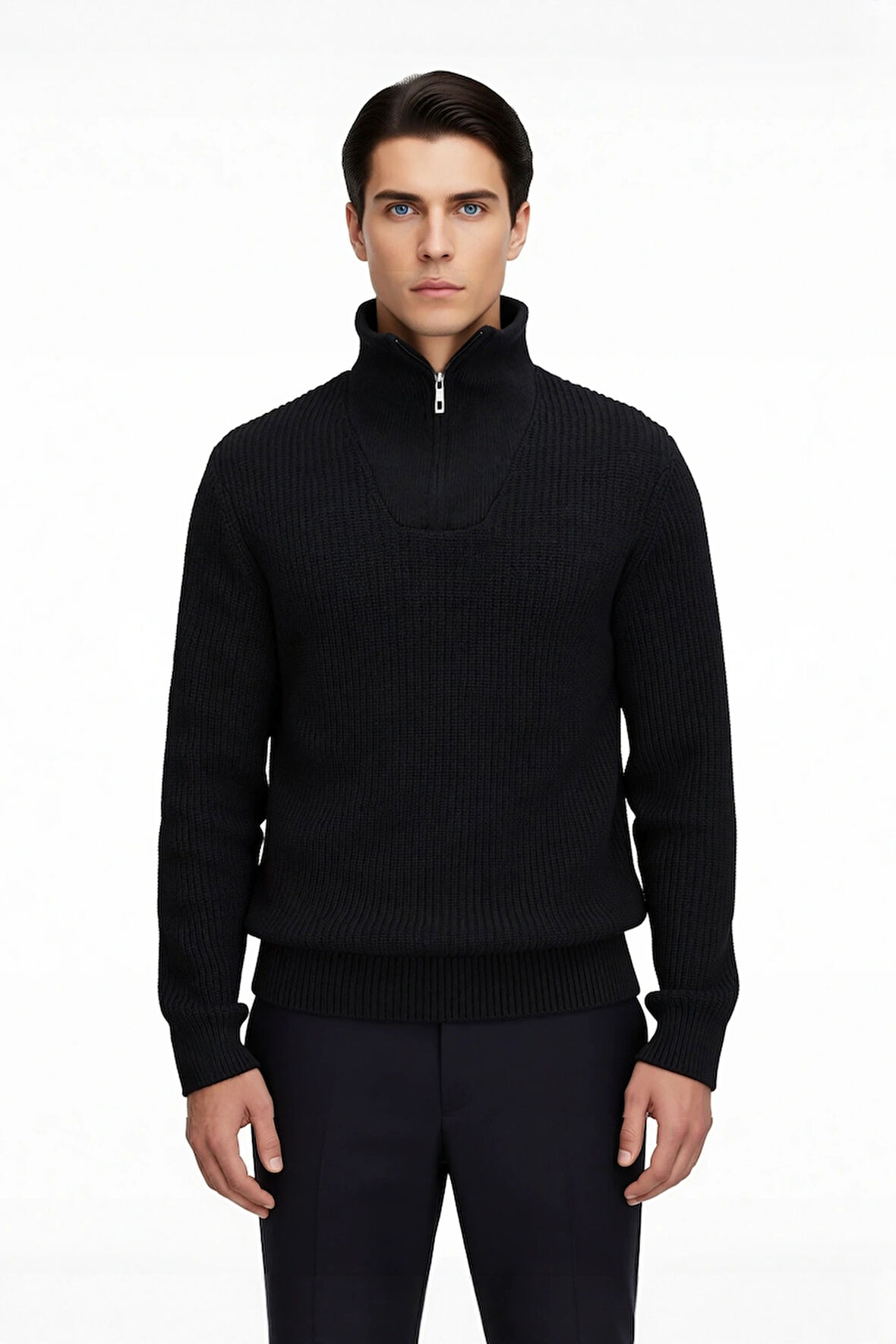 Erkeklerin Soğuk Havalarda Tercihi Regular Kalın Fermuarlı Dik Yaka Selanik Triko Kazak Modeli