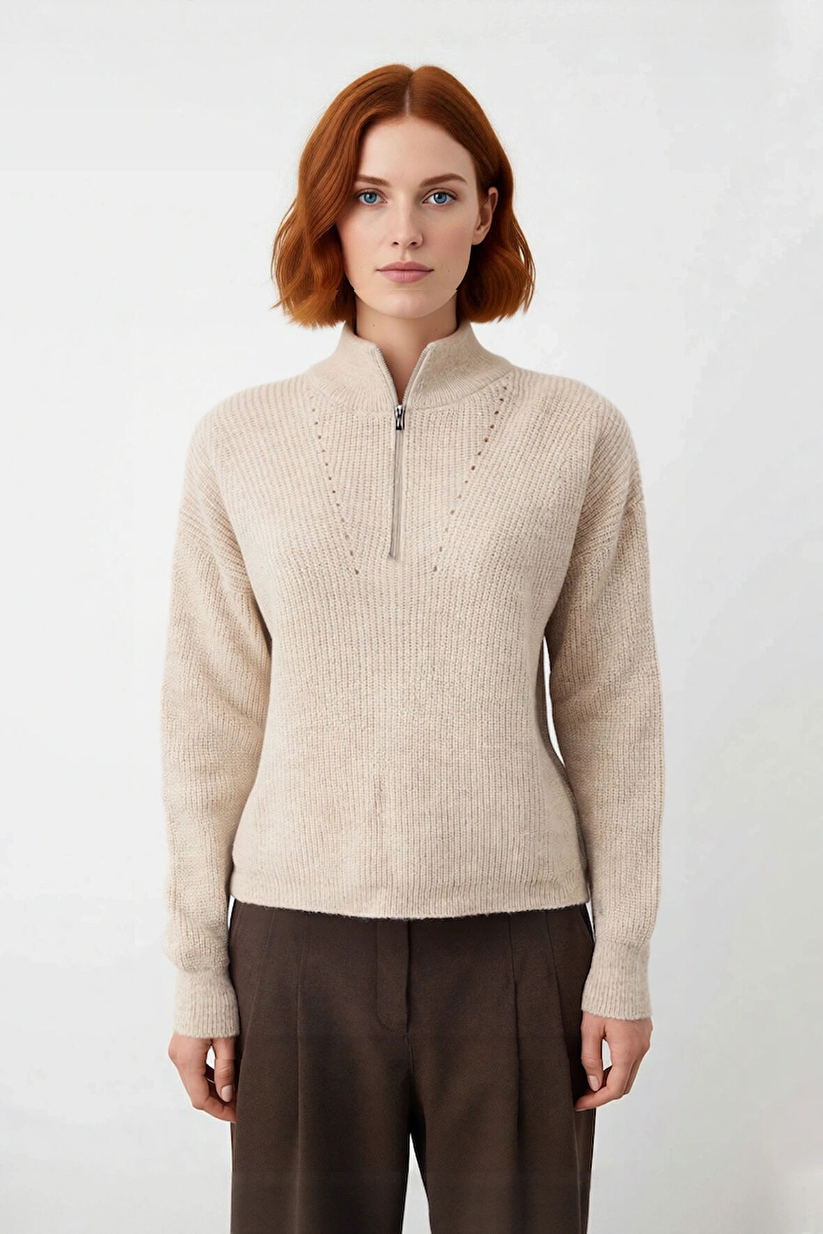 Kadın Oversize Basic Dokulu Uzun Kollu Fermuarlı Dik Yaka Selanik Örgü Triko Kazak Kaliteli