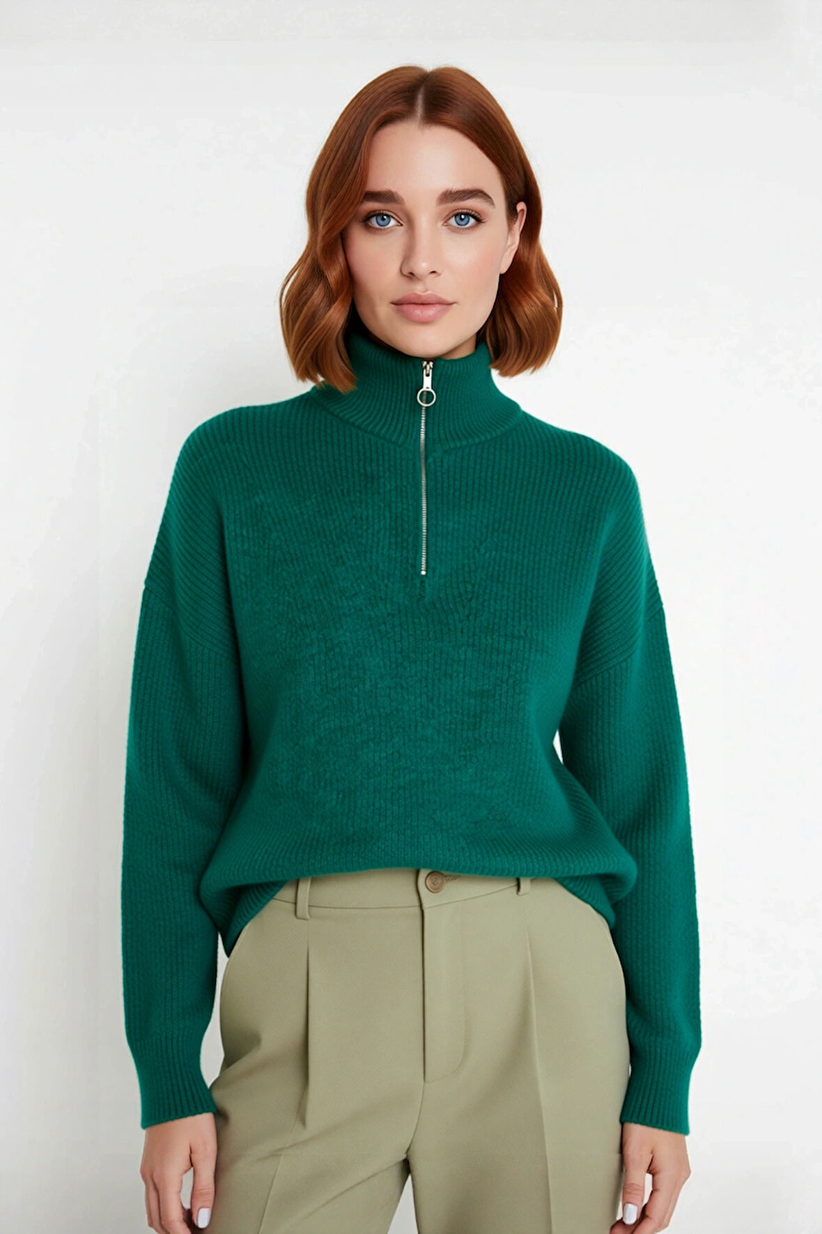 Kadın Oversize Basic Dokulu Uzun Kollu Fermuarlı Dik Yaka Selanik Örgü Triko Kazak Kaliteli