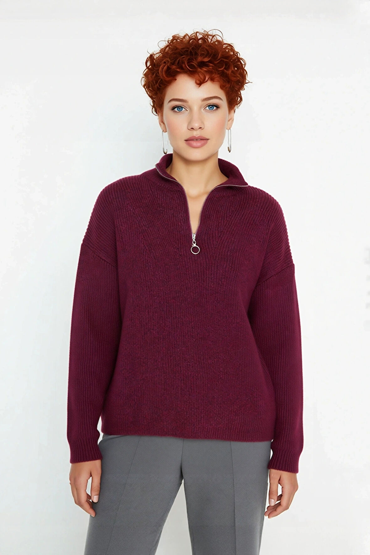 Kadın Oversize Basic Dokulu Uzun Kollu Fermuarlı Dik Yaka Selanik Örgü Triko Kazak Kaliteli