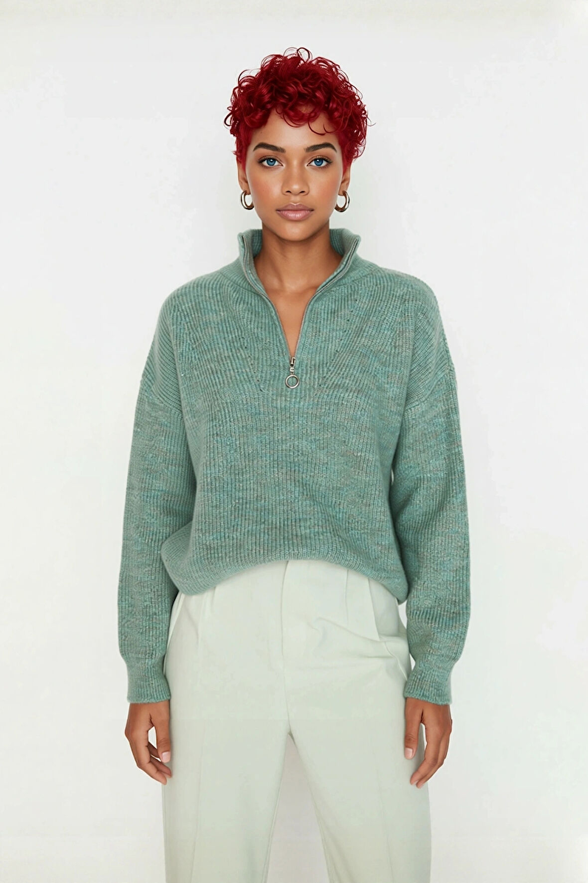 Kadın Oversize Basic Dokulu Uzun Kollu Fermuarlı Dik Yaka Selanik Örgü Triko Kazak Kaliteli