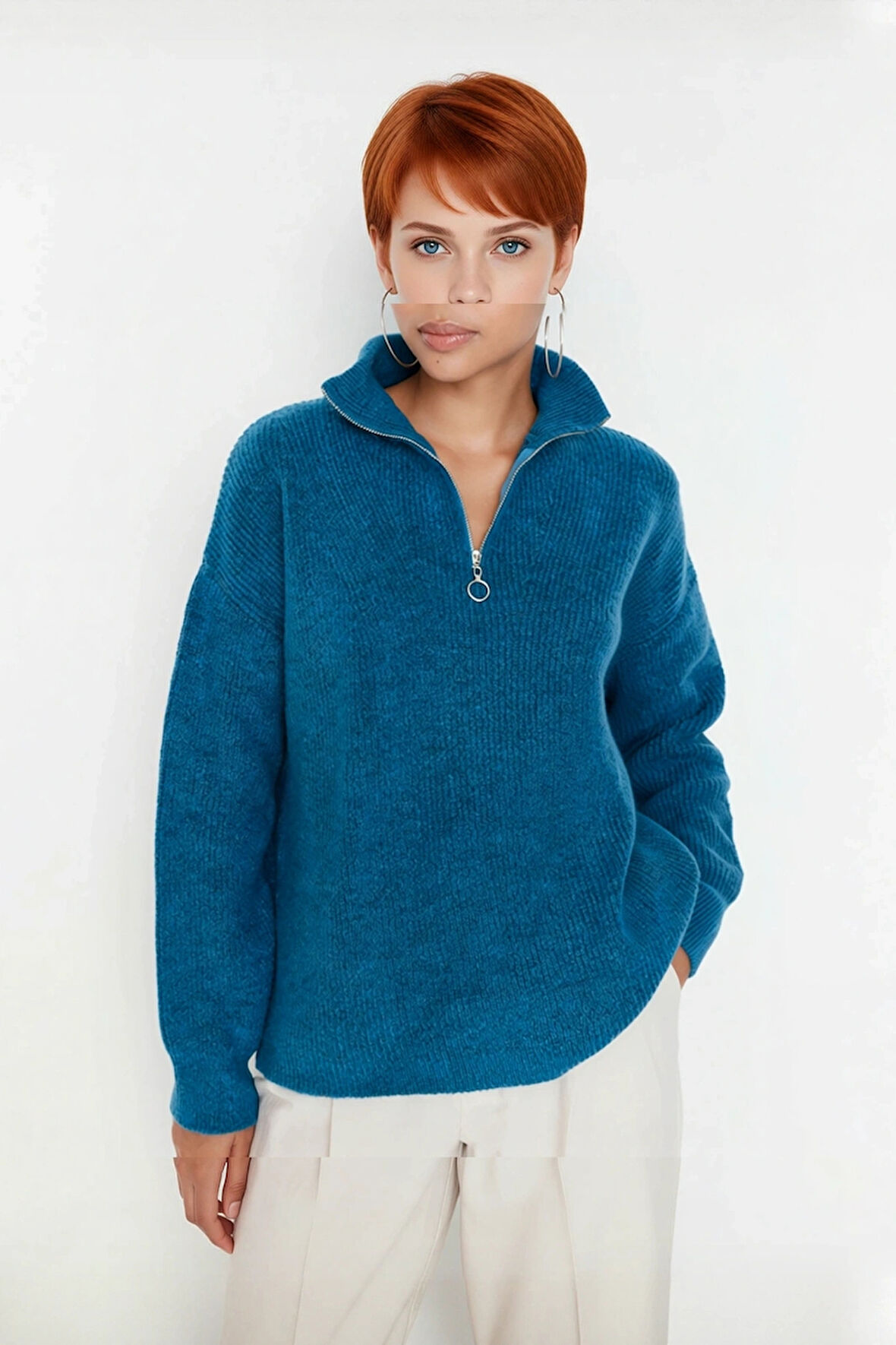 Kadın Oversize Basic Dokulu Uzun Kollu Fermuarlı Dik Yaka Selanik Örgü Triko Kazak Kaliteli