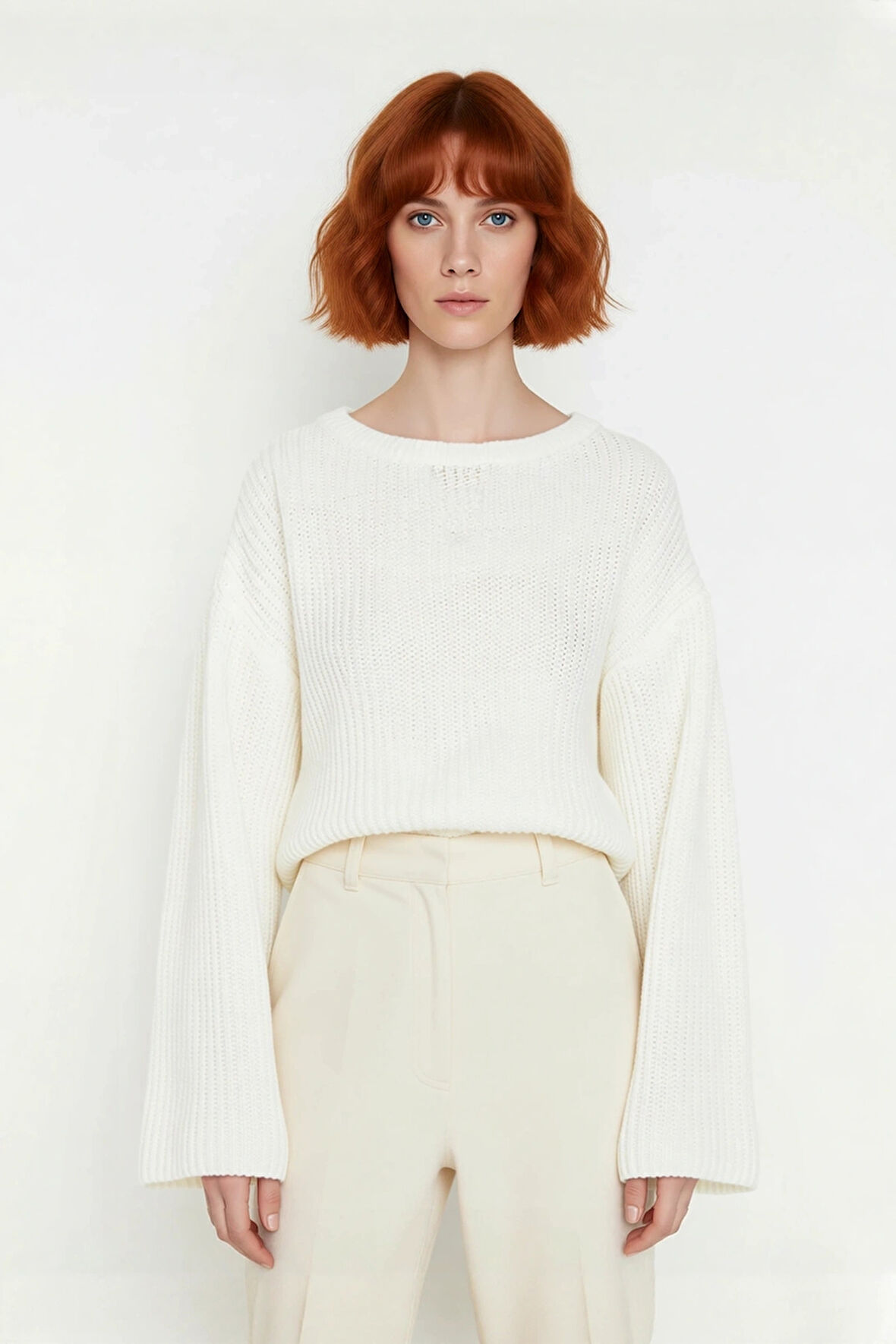 Kadın Gri %100 Akrilik Oversize Selanik Dokuma Bisiklet Yaka İspanyol Kol Crop Triko Kazak