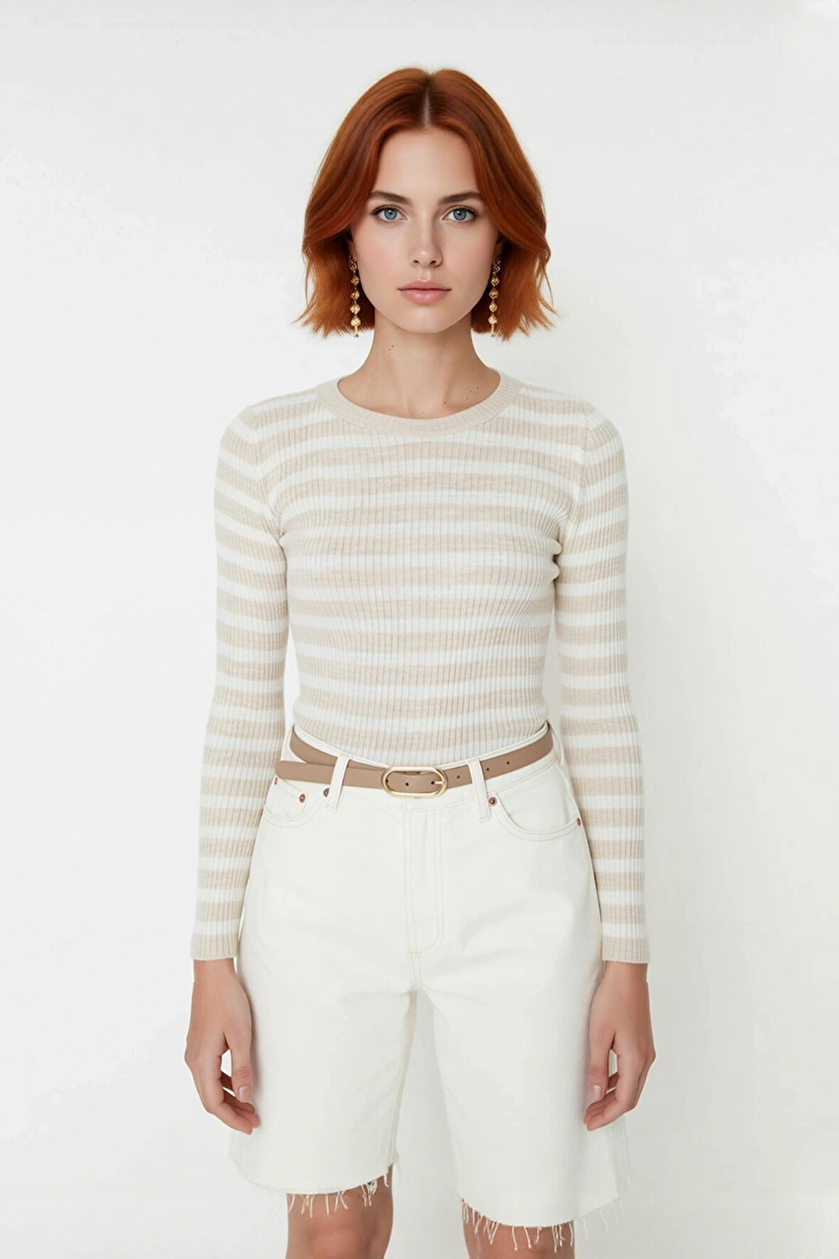 Kadın Çizgili Triko Fitted Uzun Kol Bisiklet Yaka Akrilik Basic Casual Günlük Kazak Kaliteli