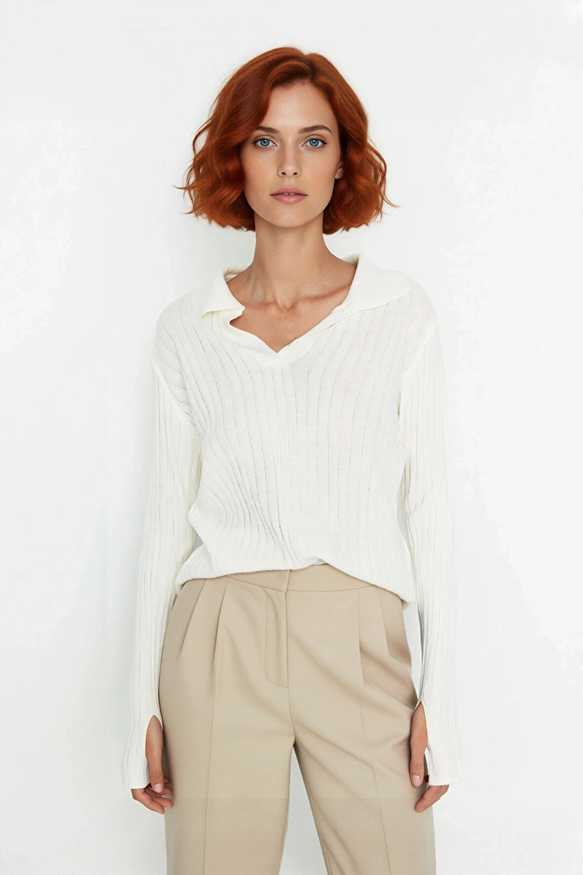 Kadınlara Özel Basic Regular Kesim Polo Yaka Fitilli Triko Kazak Modern ve Konforlu Stil Kaliteli