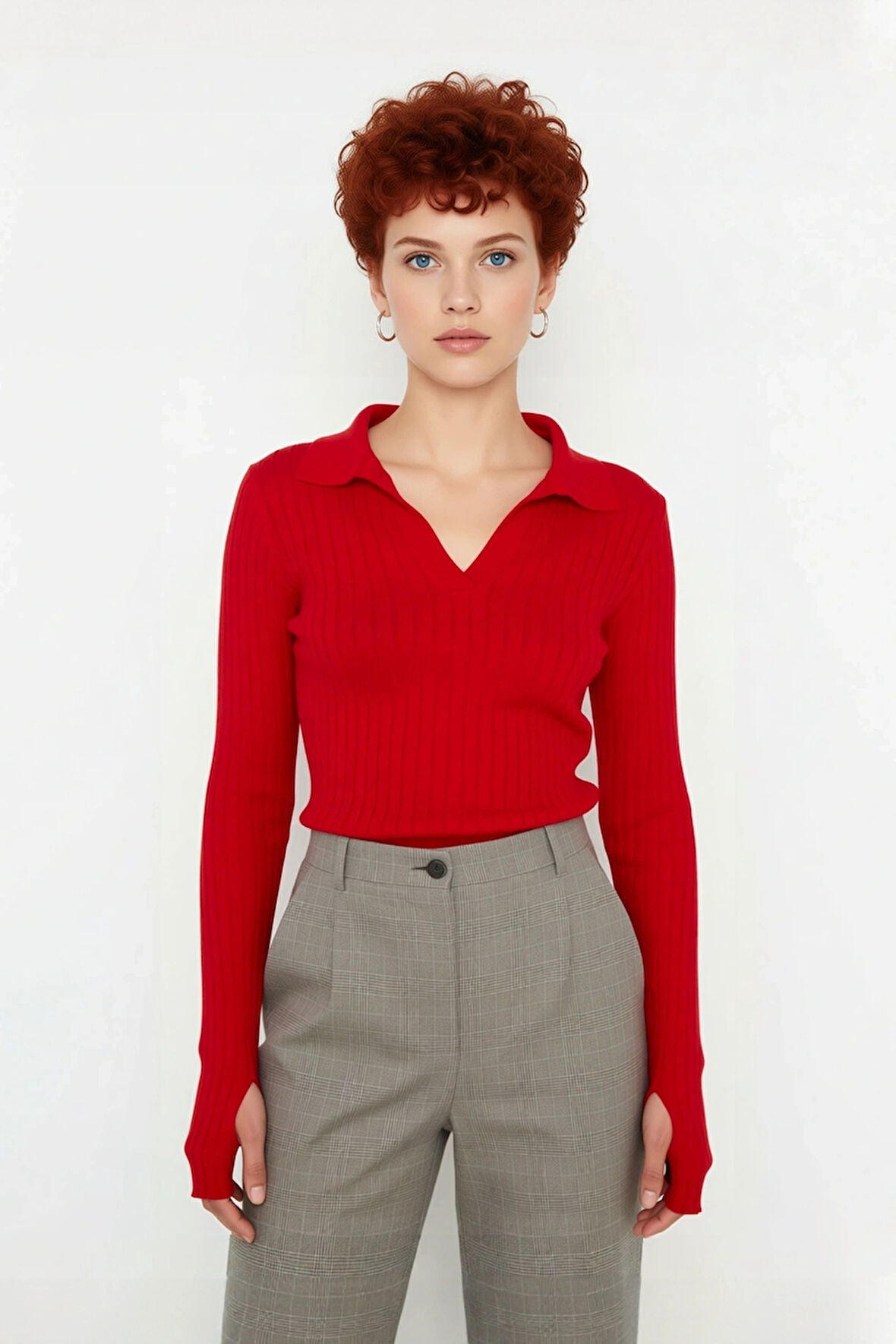 Kadınlara Özel Basic Regular Kesim Polo Yaka Fitilli Triko Kazak Modern ve Konforlu Stil Kaliteli