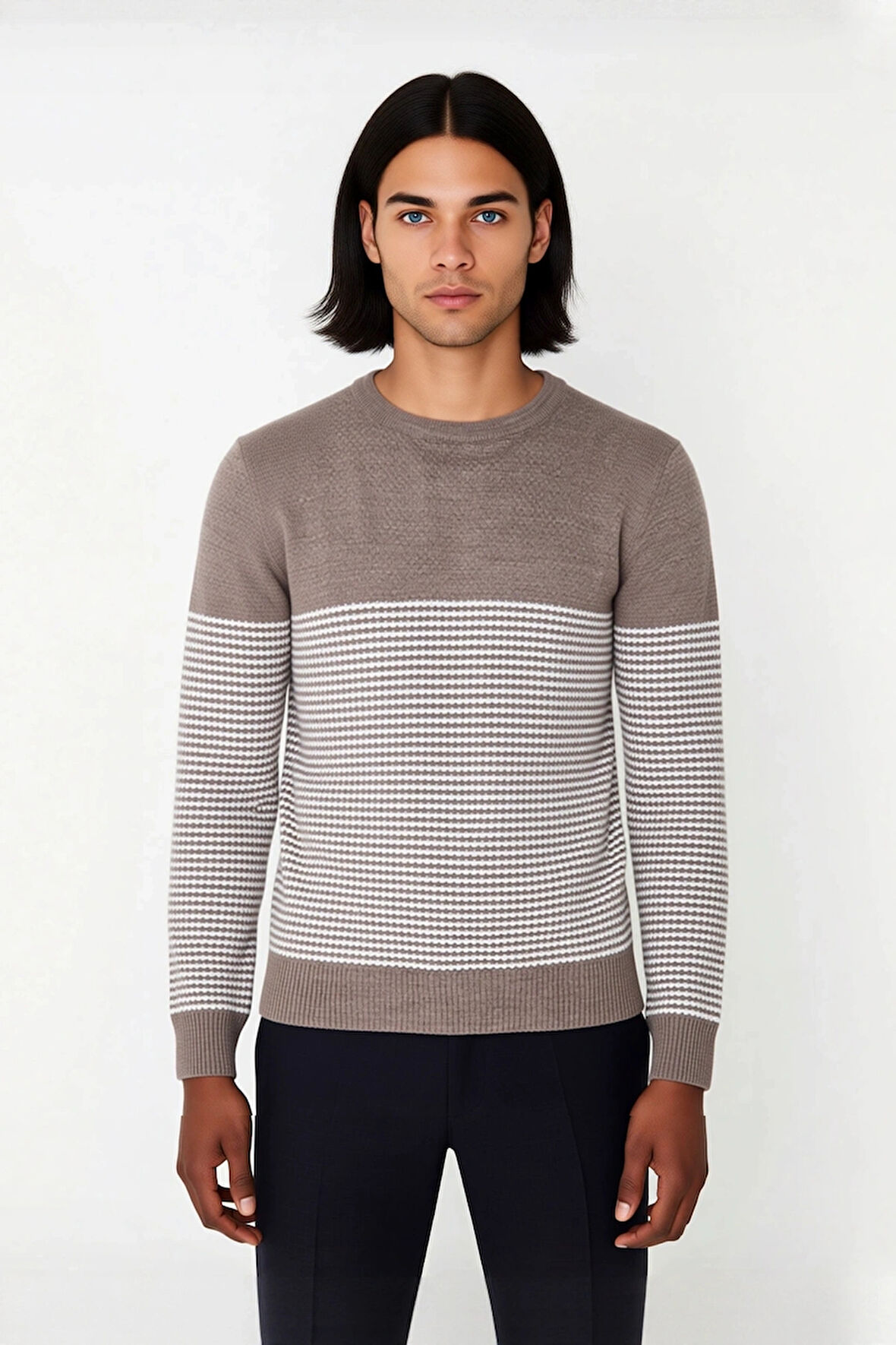Erkek Bisiklet Yaka Çizgili Triko Kazak Slim Fit Kesimiyle Günlük Stilinize Şıklık Katıyor