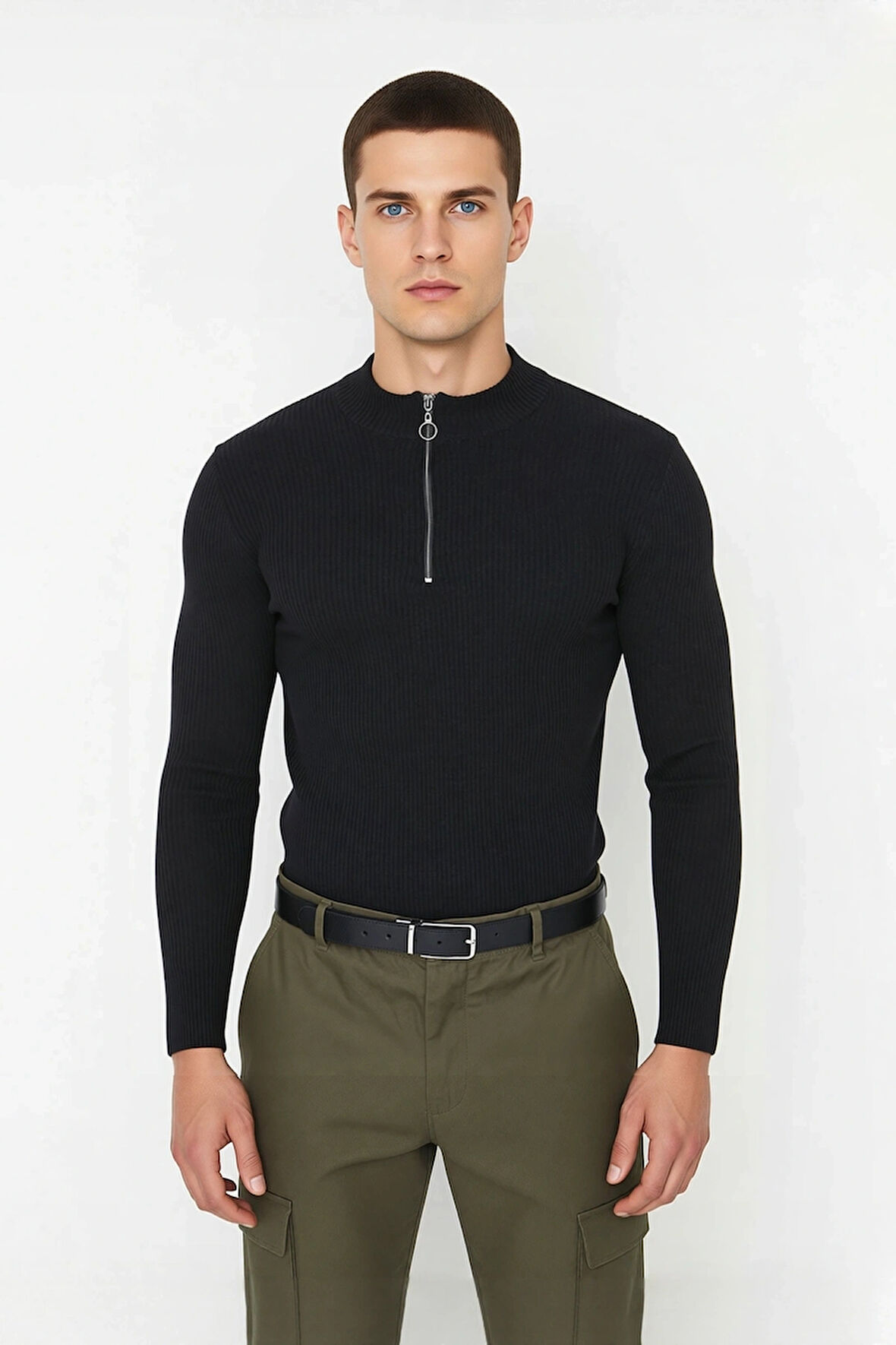 Erkekler İçin Fitted Kesim Fermuar Detaylı Dik Yaka Fitilli Pamuk Polyester Triko Kazak Casual Tarz