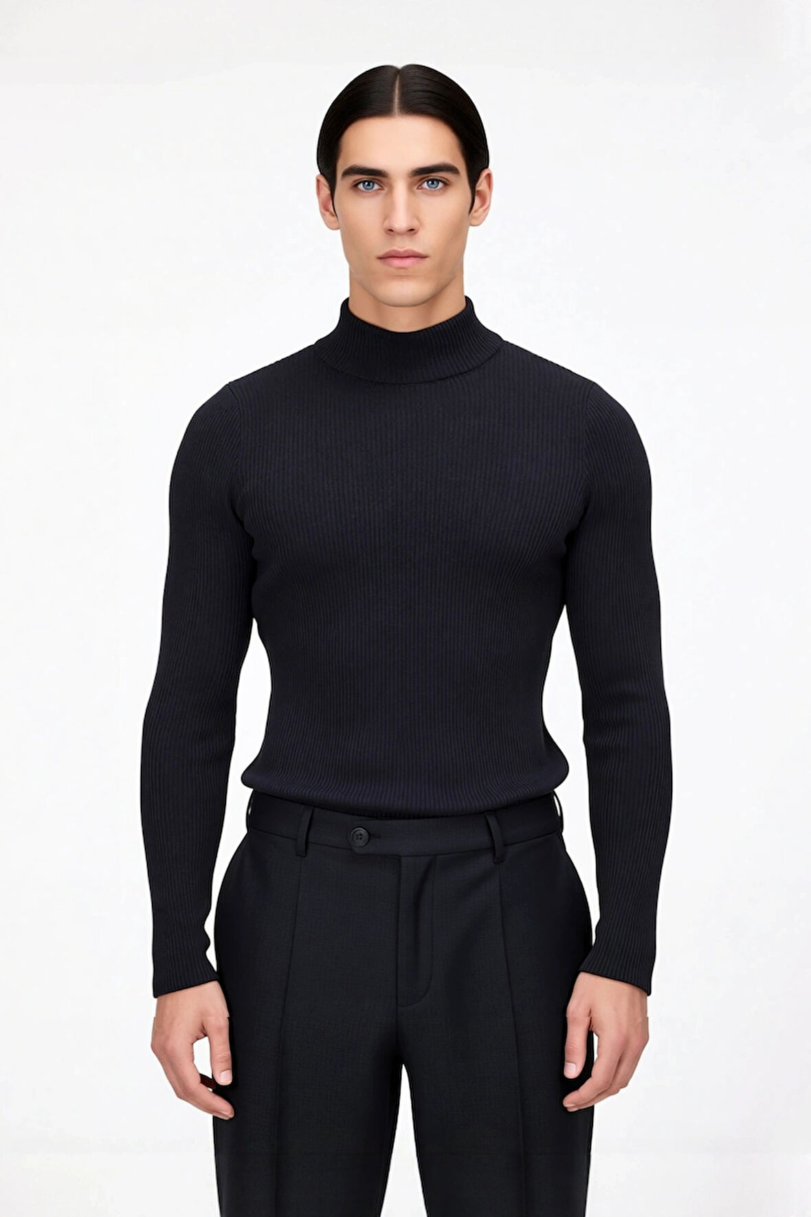 Erkek Dik Yaka Uzun Kol Fitilli Dar Kalıp Triko Kazak Kış Sezonu İçin Modern ve Konforlu Stil