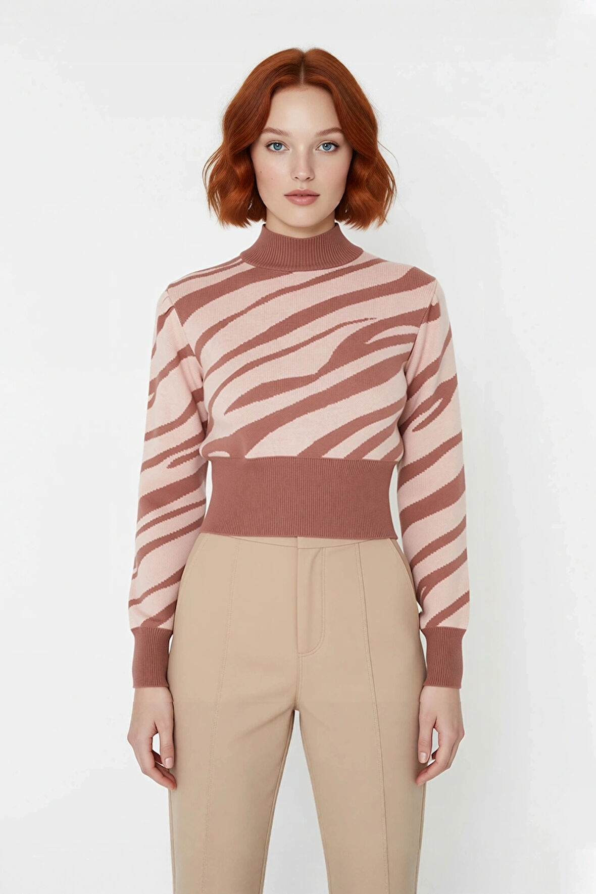 Kadınlara Özel Pembe Zebra Desenli Dik Yaka Uzun Kollu Crop Triko Kazak Kış Şıklığı İçin Kaliteli