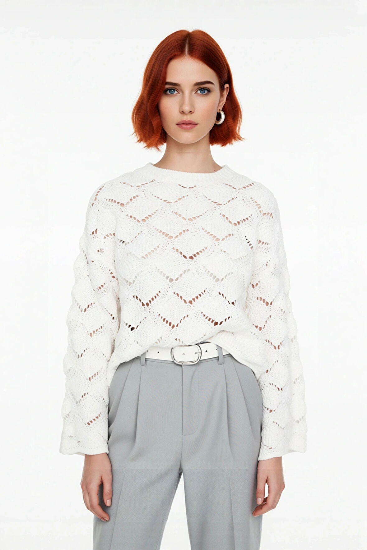 Şık Kadın Oversize Ajurlu Bisiklet Yaka Uzun Kol Triko Kazak Soğuk Havalarda Konfor Sunar Kaliteli