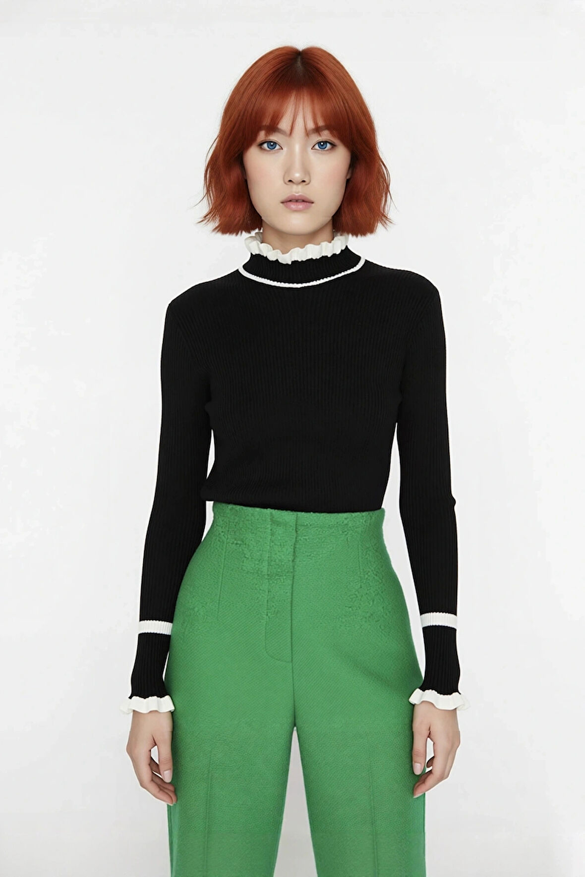 Kadın Triko Fitted Kalıp Dik Yaka Fitilli Renk Bloklu Uzun Kollu Kazak Günlük Tarzın Modern Hali