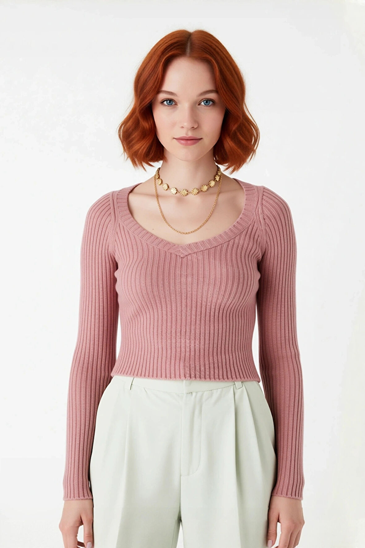 Kadın Akrilik Materyal Düz Desen Uzun Kollu V Yaka Fitted Crop Triko Kazak Kışlık Kombinlerinize