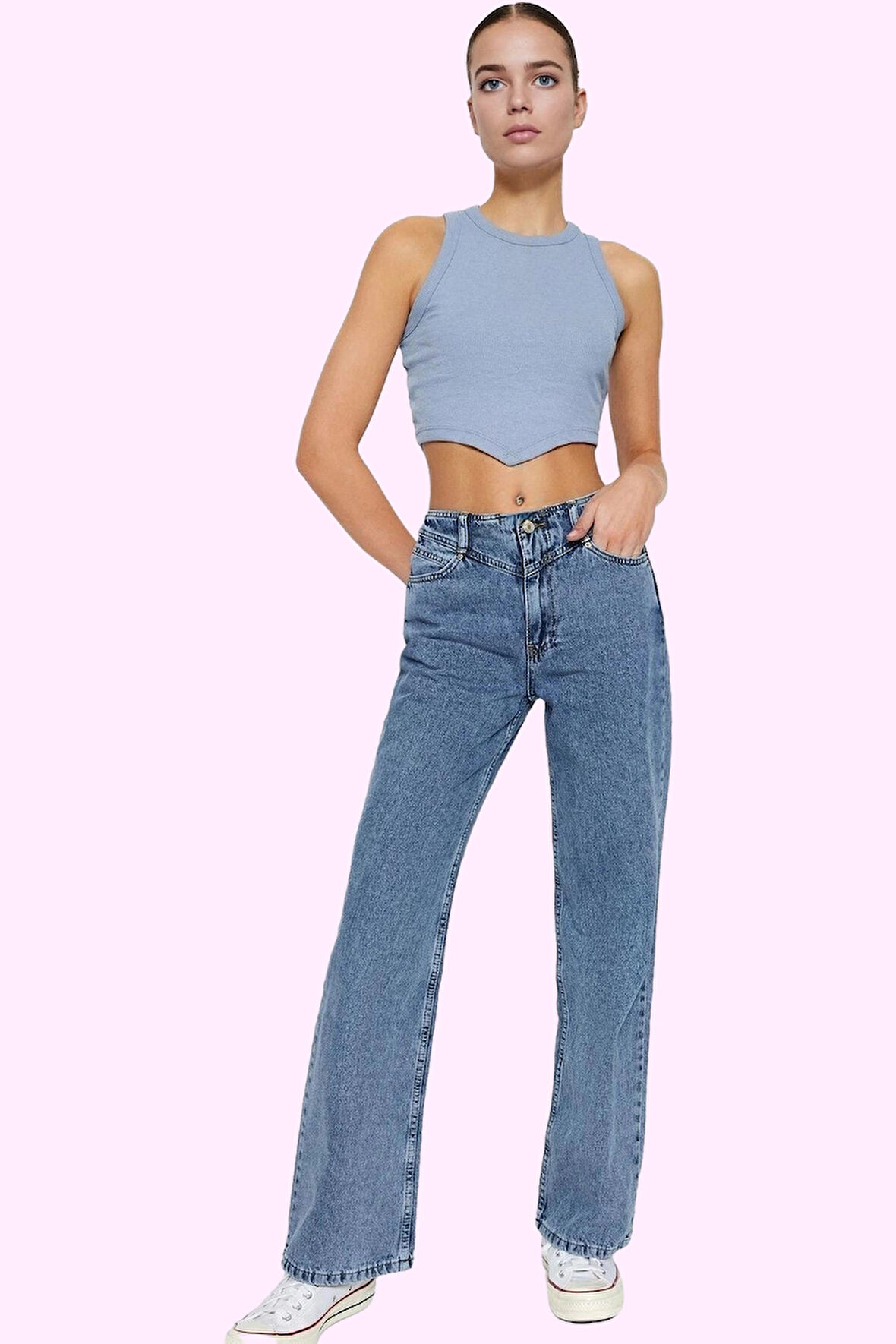 Kadın Pamuk Denim Jean Yüksek Bel Geniş Paça Günlük ve Şık Stil Yaz Aylarının Vazgeçilmezi