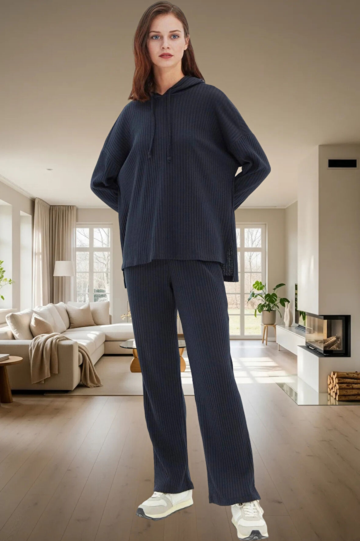 Rahat Örme Pijama Takımı Kapüşonlu Uzun Kollu 2 Parça Kullanım Mükemmel Uyum