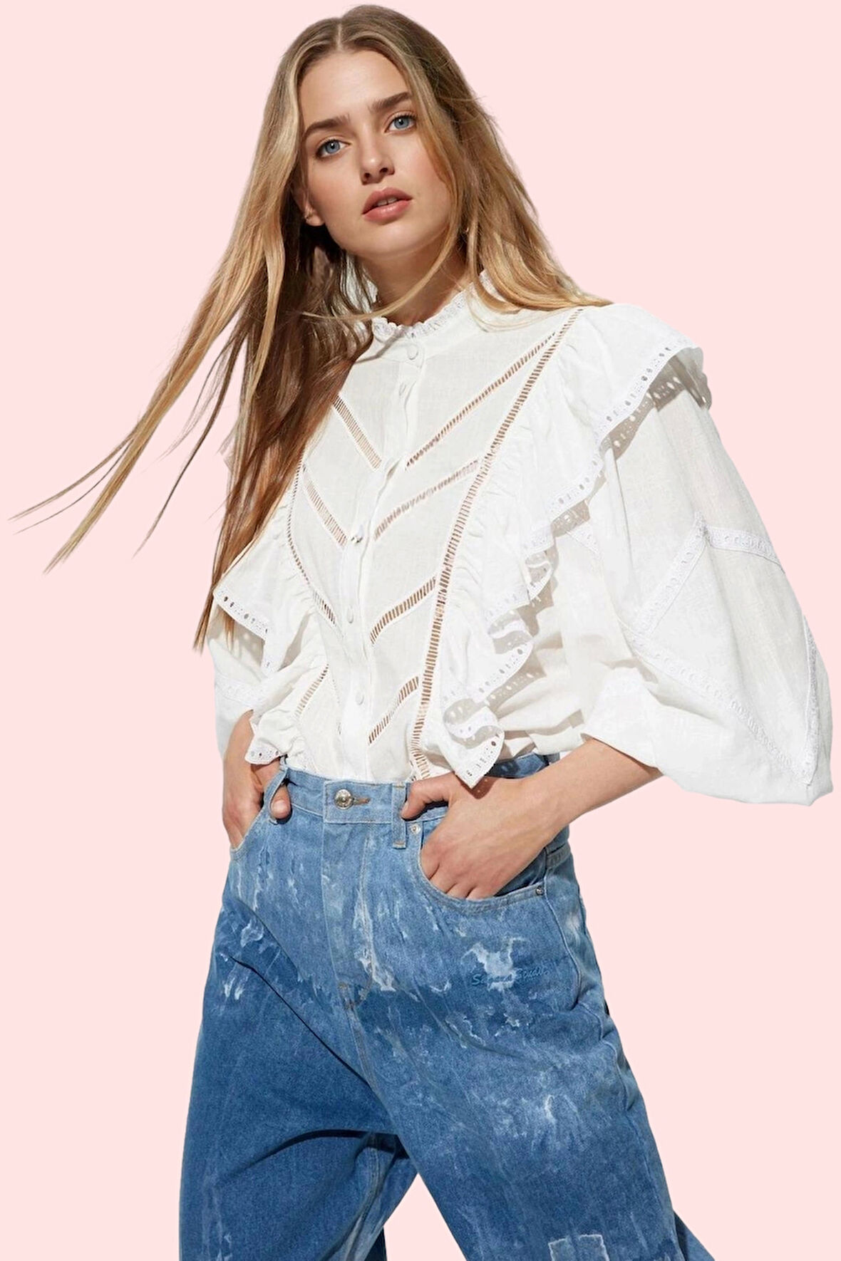 Kadın Aplike Detaylı Balon Kol Uzun Kollu Pamuk Gömlek Günlük Şıklık Yaz Aylarının Vazgeçilmezi