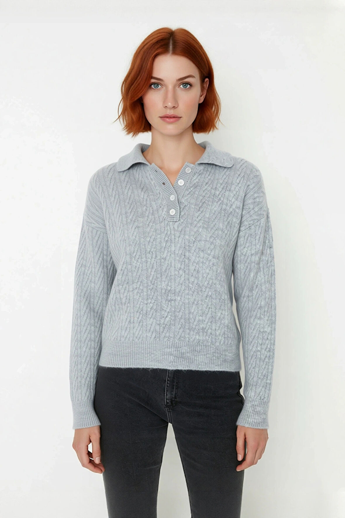 Kadın Oversize Triko Polo Yaka Saç Örgü Düşük Kollu Rahat Kışlık Basic Stil Kazak Kaliteli