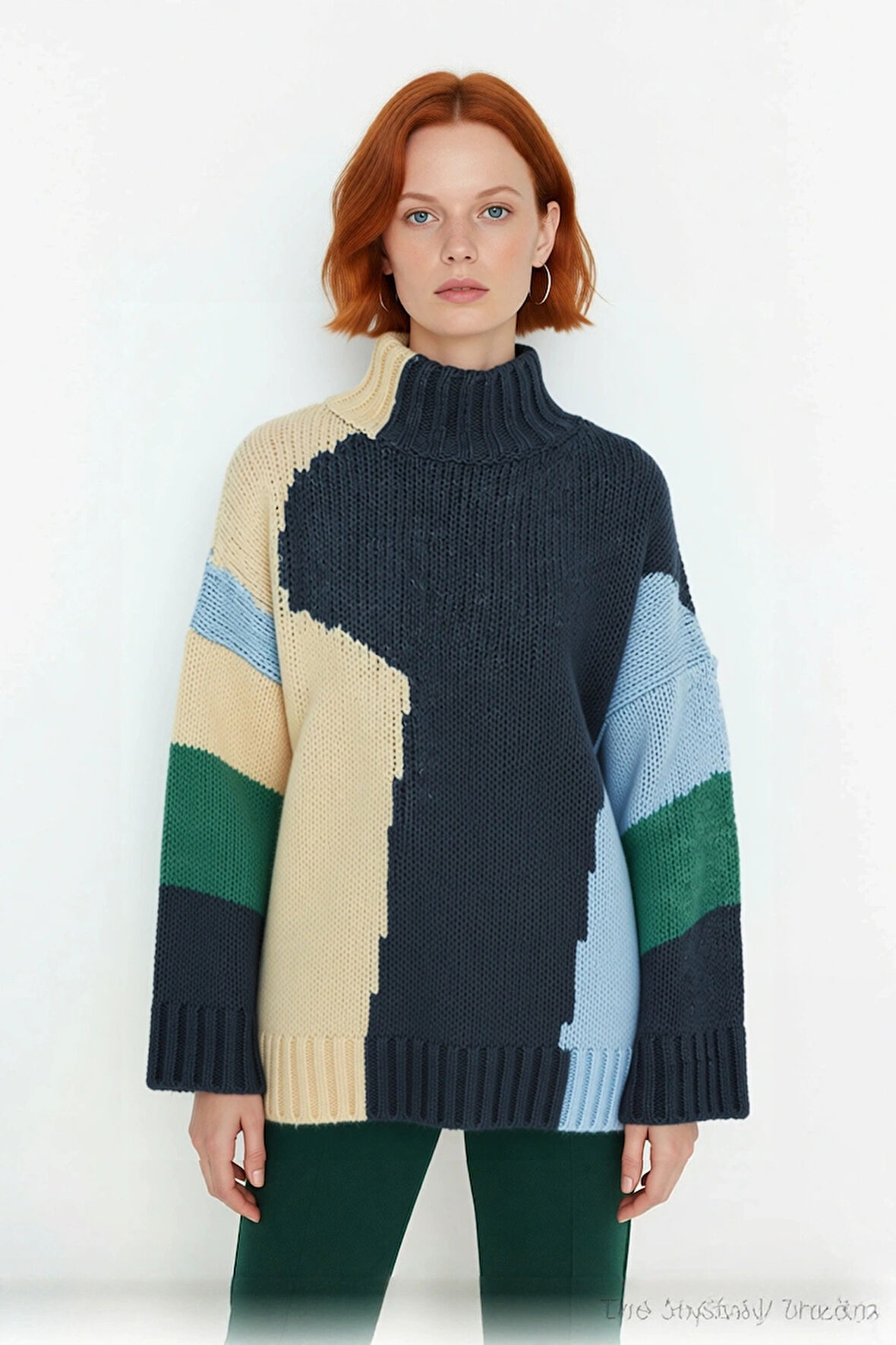 Kadın Şık Dik Yaka Oversize Renk Bloklu Düşük Kol Uzun Triko Kazak Kış Modasına Yeni Bir Soluk