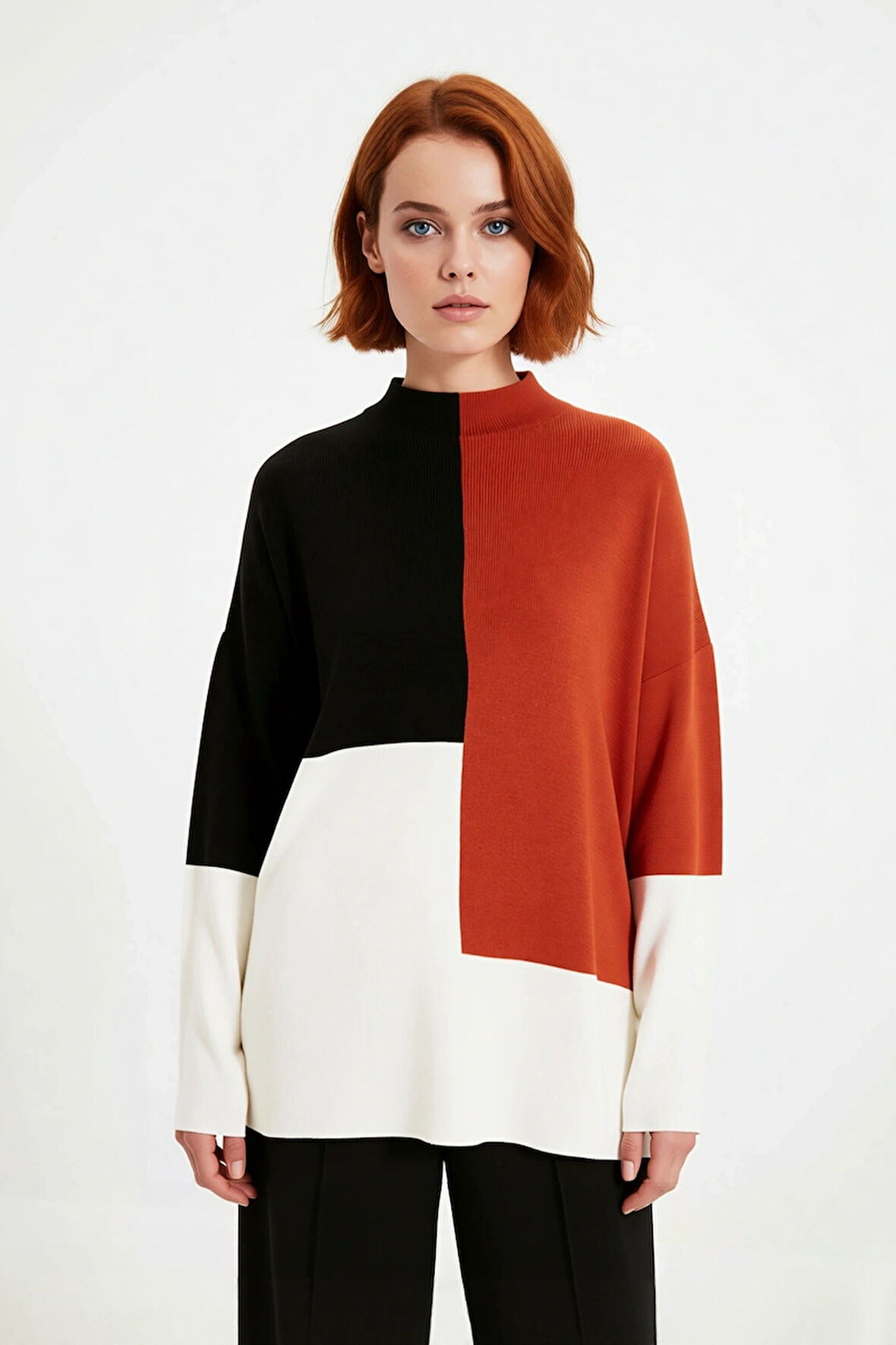 Kadınlar İçin Dik Yaka Relaxed Kesim Renk Bloklu Akrilik Triko Kazak Günlük Kullanım Kaliteli