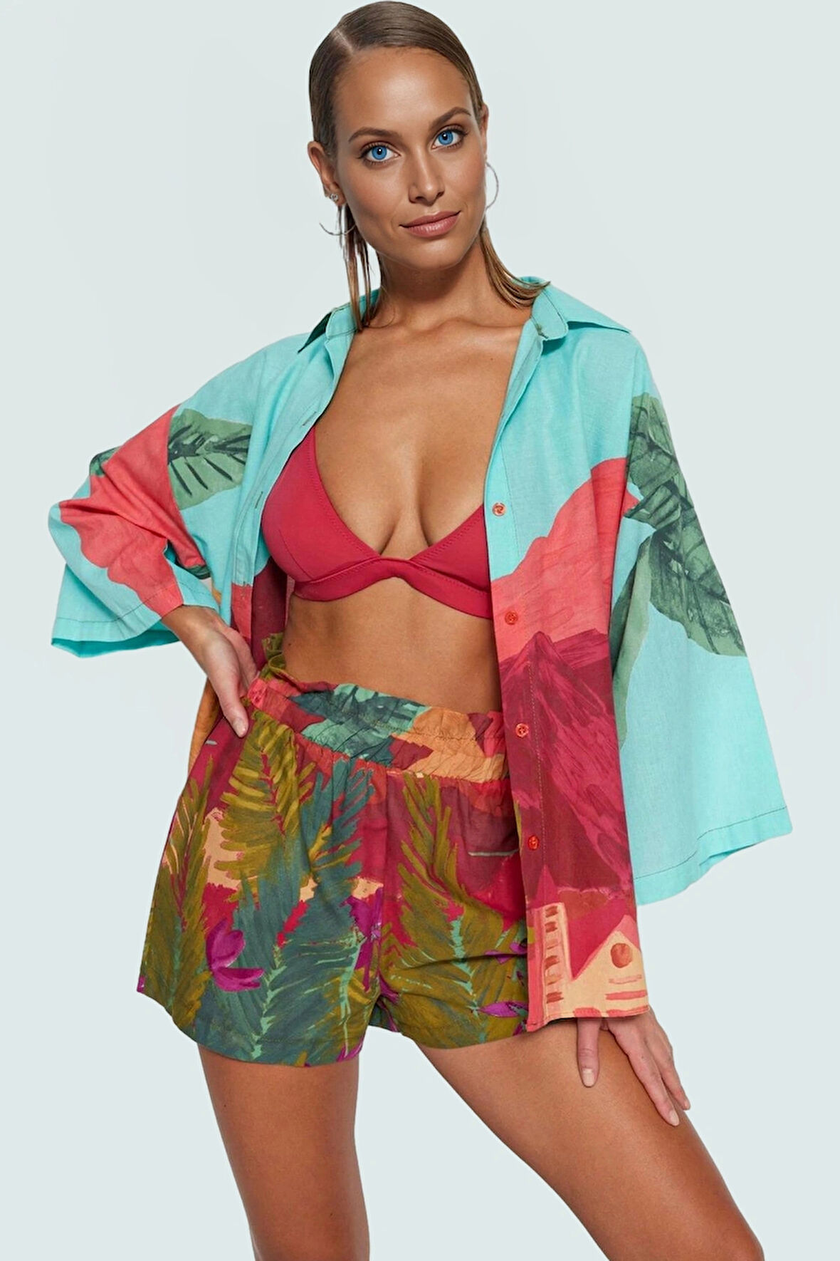 Yazlık Plaj Takımı Manzara Desenli Pamuklu Gömlek Şort Regular Kalıp Yüksek Kalite Premium