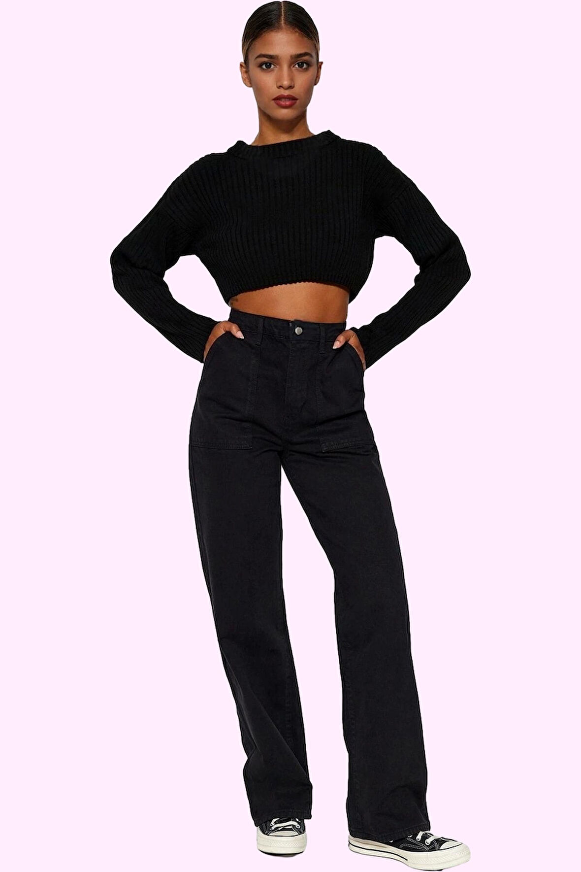 Kadın Pamuk Denim Jean Pantolon Basic Yüksek Bel Geniş Paça Yaz Aylarının Vazgeçilmezi