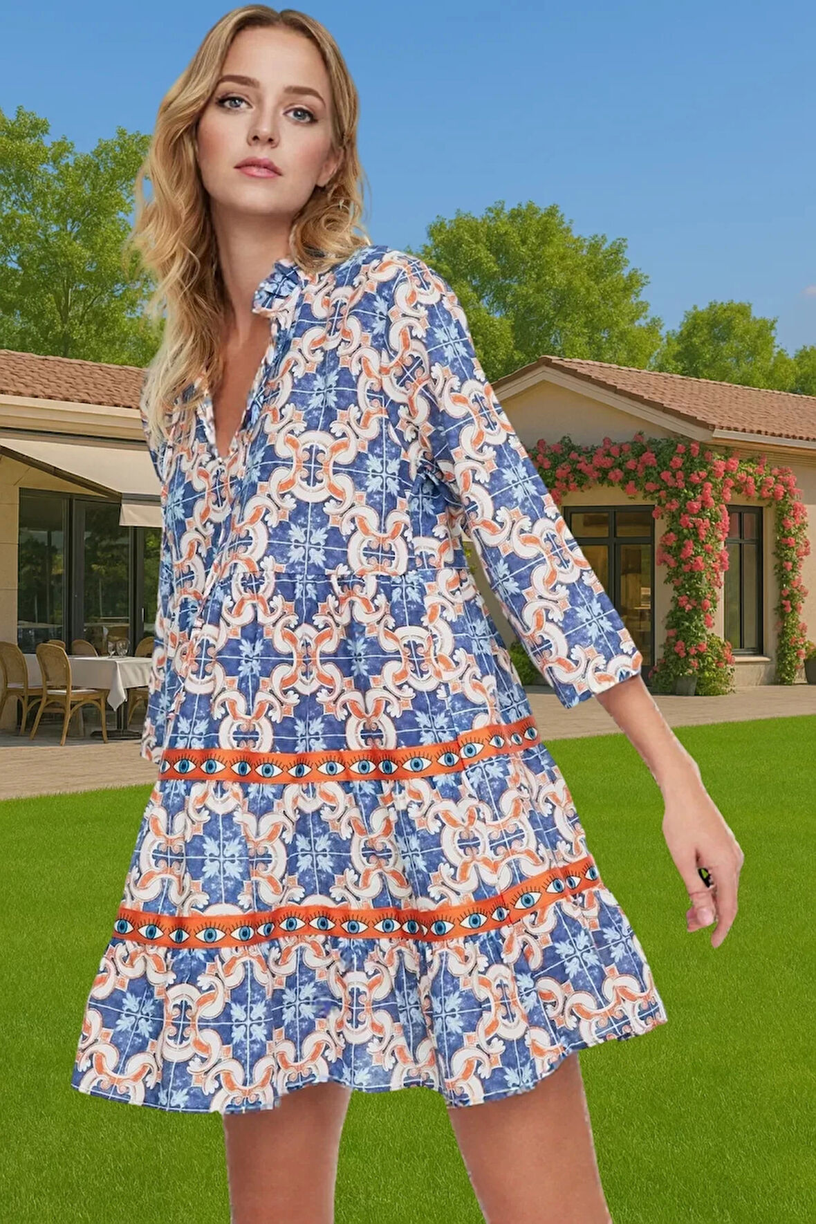 Pamuk Mini Elbise Etnik Desenli V Yaka Şerit Detaylı Plaj Konforlu Kesim Rahat Ve Şık Mükemmel Uyum