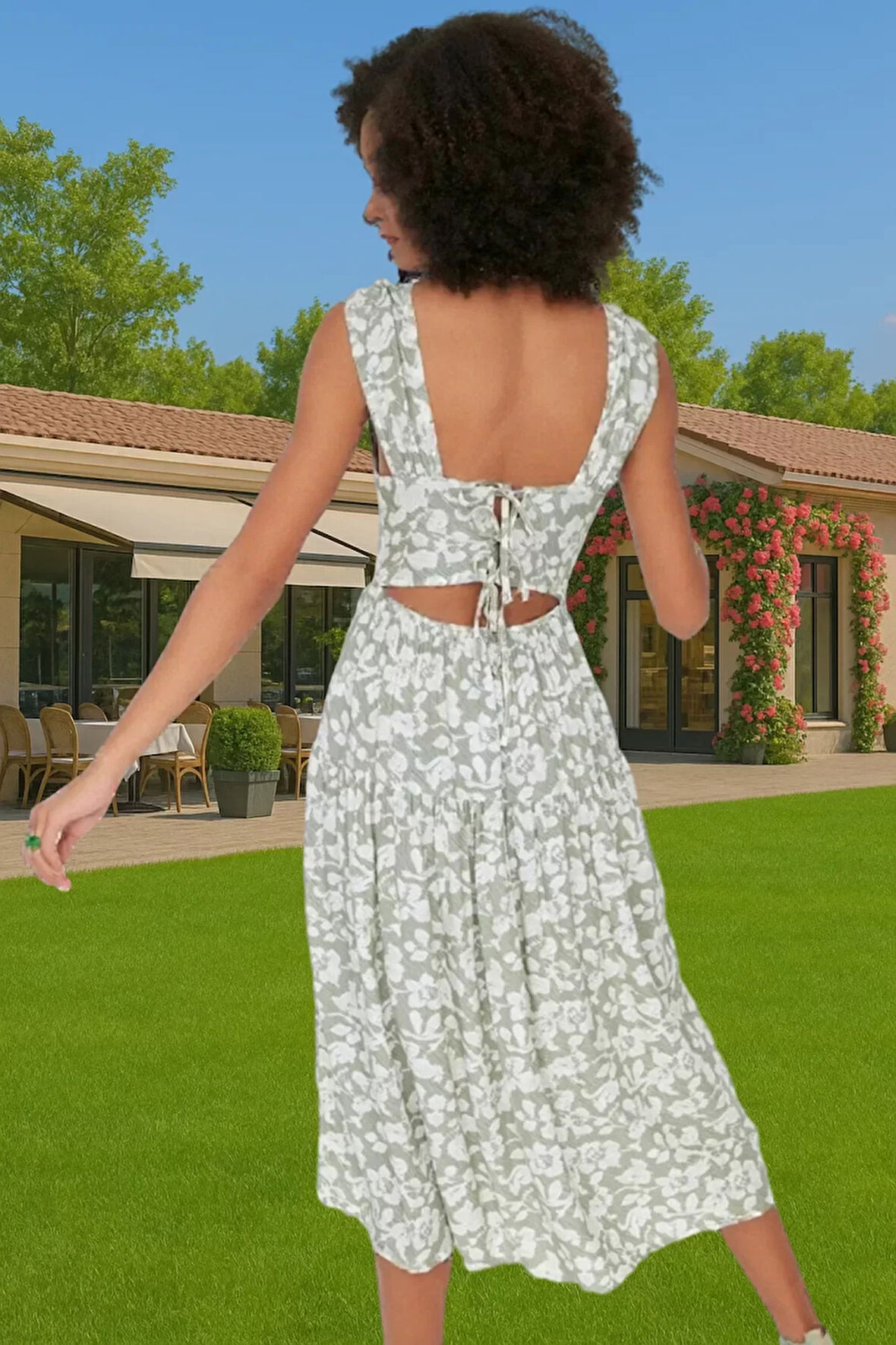 Şık Çiçekli Desenli Midi Boy Skater Elbise Viskoz Kumaş Rahat Kaliteli İşçilik Trend Tasarım