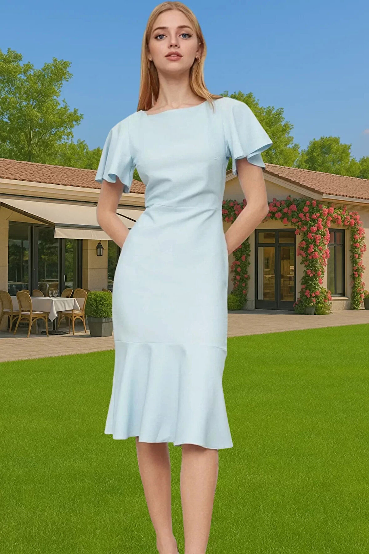 Şık Kadın Kısa Kollu Midi Elbise Polyester Elastan Kumaş Premium Kalite Trend Tasarım Seçkin Malzeme