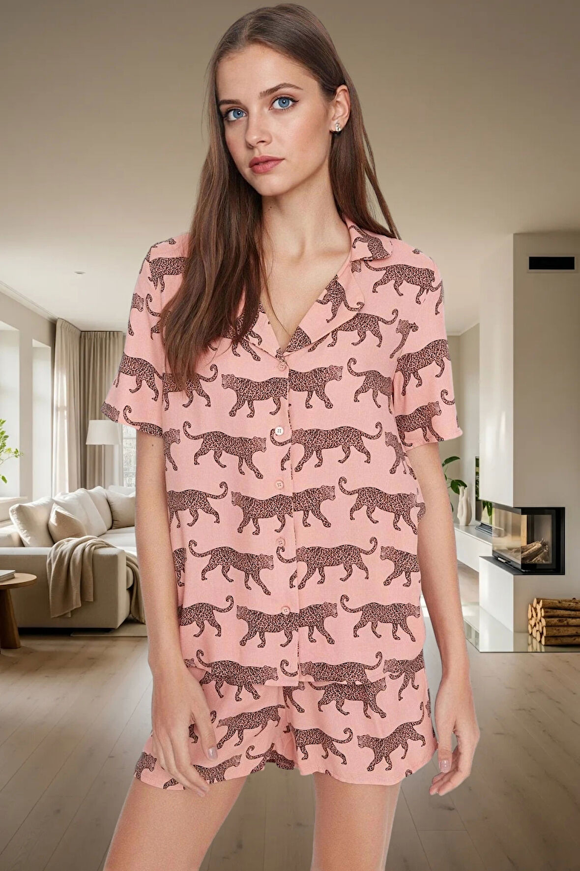 Rahat ve Şık Viskoz Pijama Takımı Animal Desenli Kısa Kollu Yazlık Modern Stil